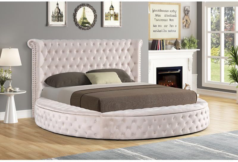 First of a Kind Velvet Tufted Platform Storage Bed, Circle Bed with Button Tufting and Storage Compartments, Queen Size (Black)