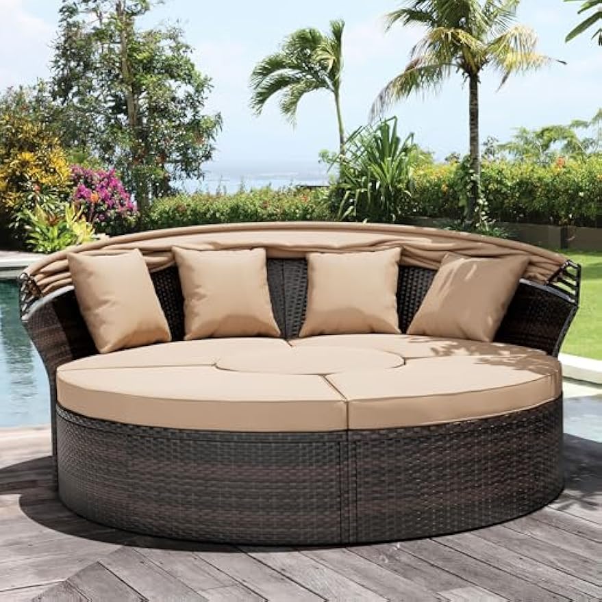 Crownland Outdoor Canopy Bed Round Daybed with Washable Cushions, Patio Daybed with Clamshell Sectional Seating Wicker Furniture with Retractable Canopy for Graden, Backyard, Pool(Light Brown)