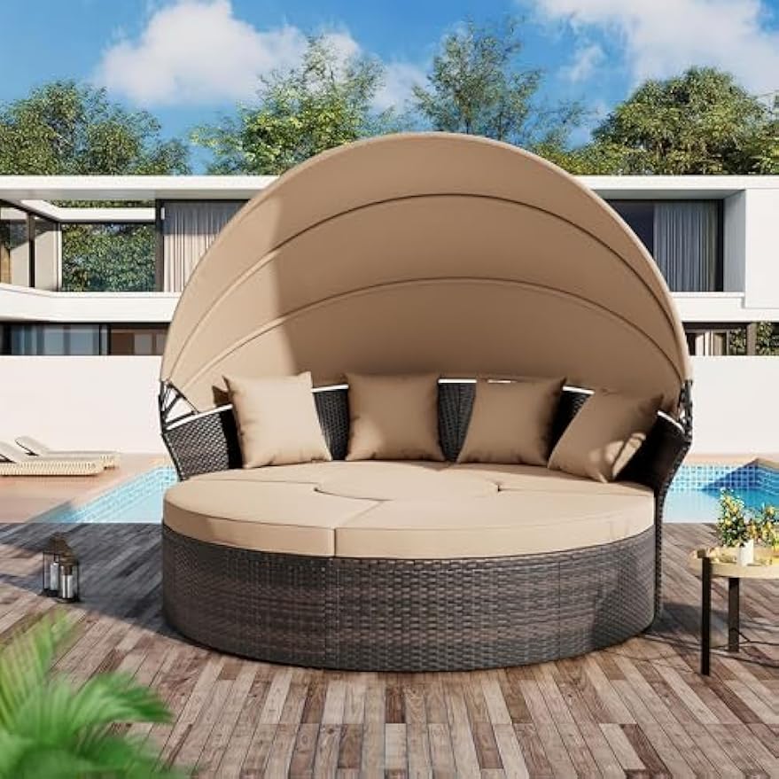 Crownland Outdoor Canopy Bed Round Daybed with Washable Cushions, Patio Daybed with Clamshell Sectional Seating Wicker Furniture with Retractable Canopy for Graden, Backyard, Pool(Light Brown)
