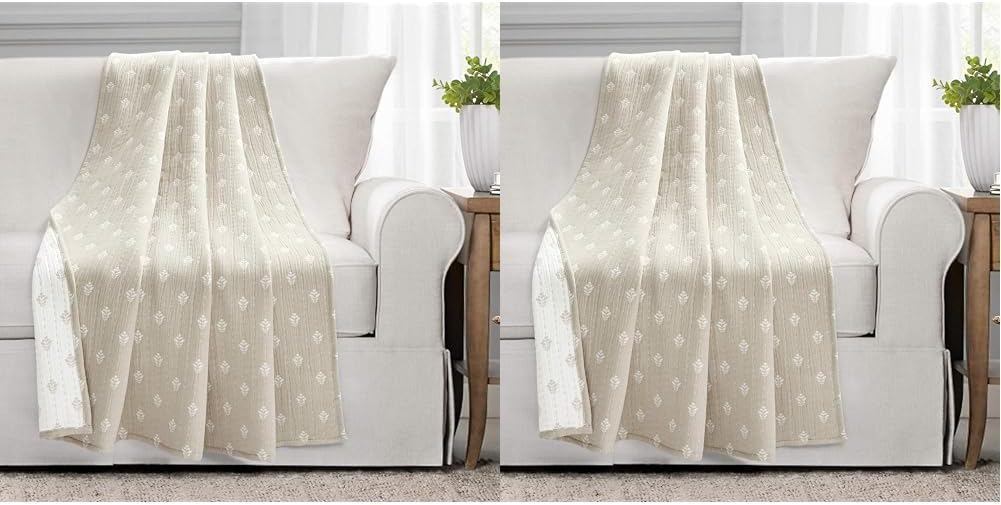 Lush Decor, Neutral Hygge Kantha Pick Stitch Yarn Dyed Cotton Jacquard Throw Blanket 60" x 50"
