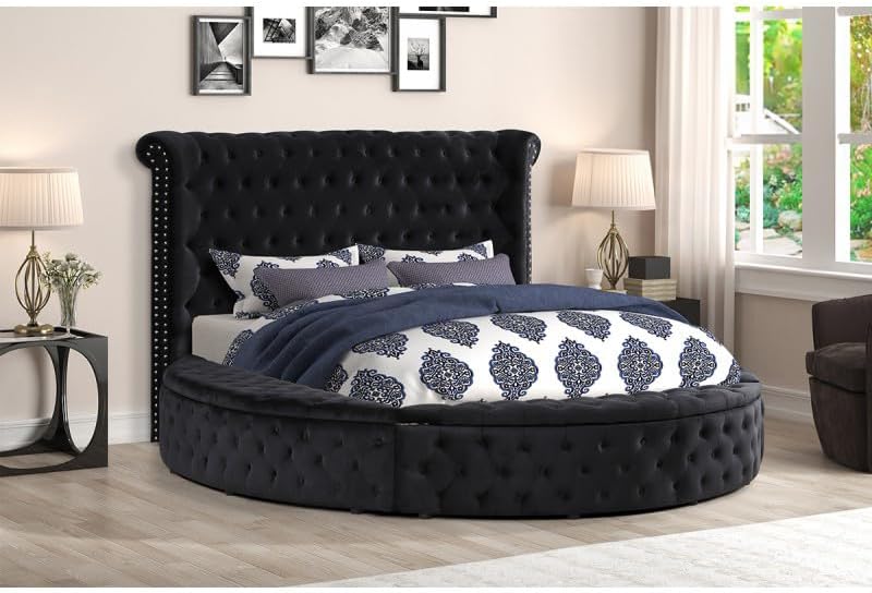 First of a Kind Velvet Tufted Platform Storage Bed, Circle Bed with Button Tufting and Storage Compartments, Queen Size (Black)