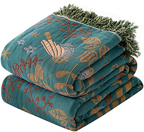 Boho Throw Blanket for Bed Couch 100% Cotton Woven Bed Throws for All Season Lightweight and Soft Cozy Farmhouse Reversible Muslin Decorative Blanket for Travel Picnic, Teal/Cream, 60''x80''