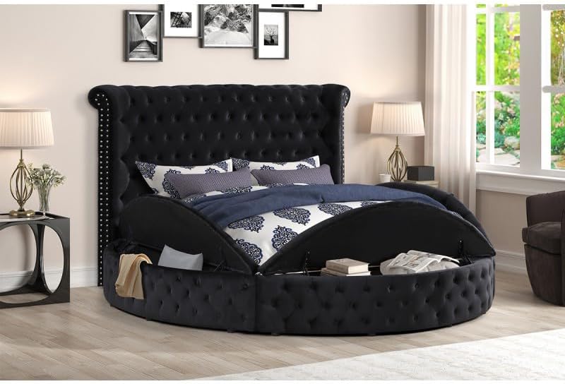 First of a Kind Velvet Tufted Platform Storage Bed, Circle Bed with Button Tufting and Storage Compartments, Queen Size (Black)