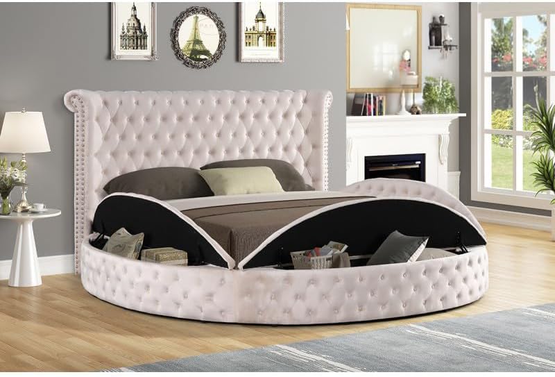 First of a Kind Velvet Tufted Platform Storage Bed, Circle Bed with Button Tufting and Storage Compartments, Queen Size (Black)