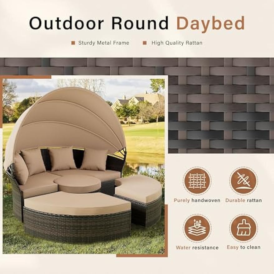 Crownland Outdoor Canopy Bed Round Daybed with Washable Cushions, Patio Daybed with Clamshell Sectional Seating Wicker Furniture with Retractable Canopy for Graden, Backyard, Pool(Light Brown)