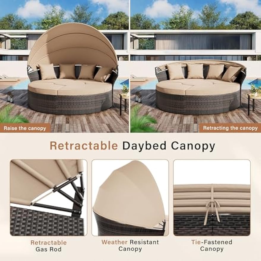 Crownland Outdoor Canopy Bed Round Daybed with Washable Cushions, Patio Daybed with Clamshell Sectional Seating Wicker Furniture with Retractable Canopy for Graden, Backyard, Pool(Light Brown)