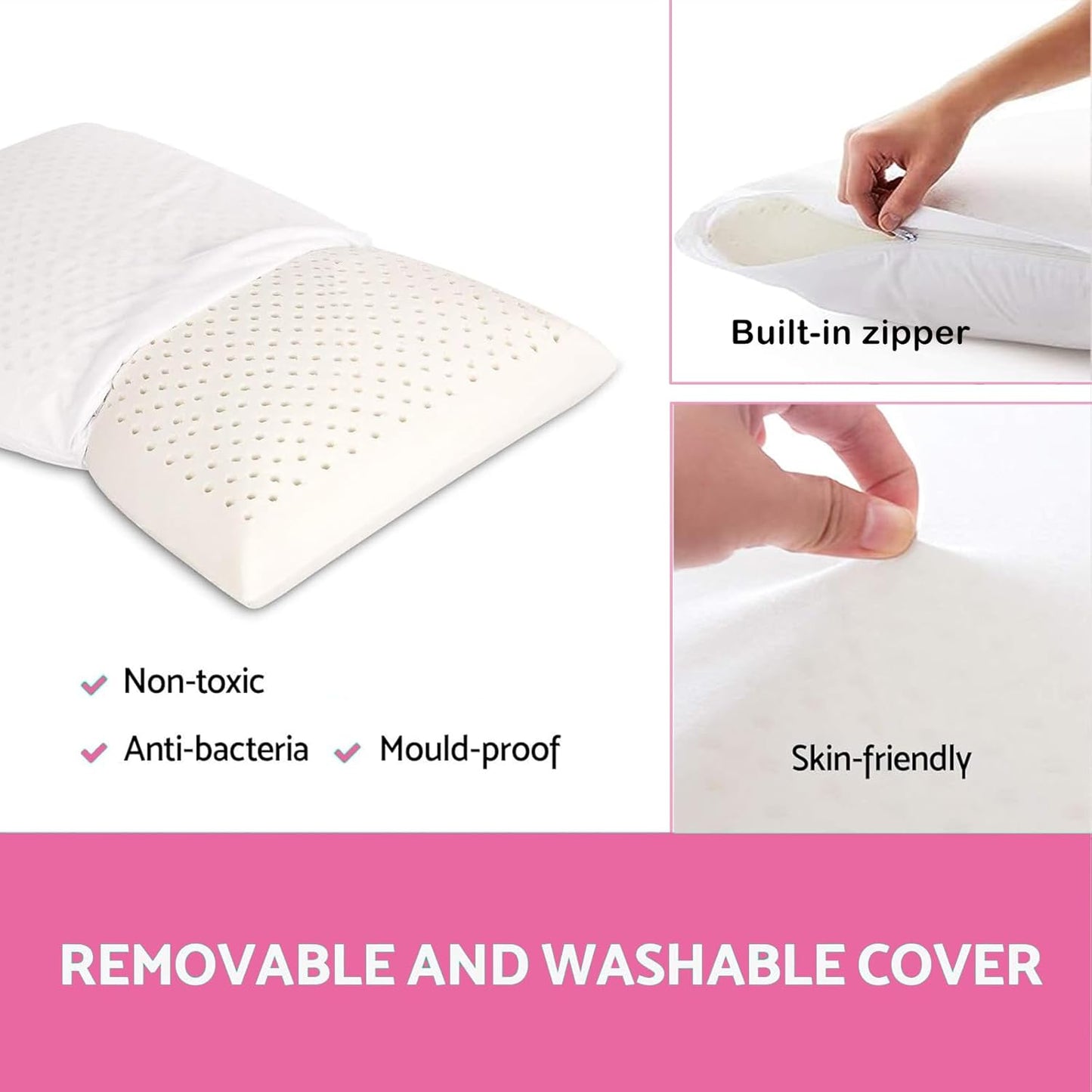 100% Talalay Latex Pillow, Queen Size Bed Pillow for Sleeping, Extra Soft Natural Latex Sleeping Pillow for Back, Stomach or Side Sleepers, Removable Breathable Cotton Cover