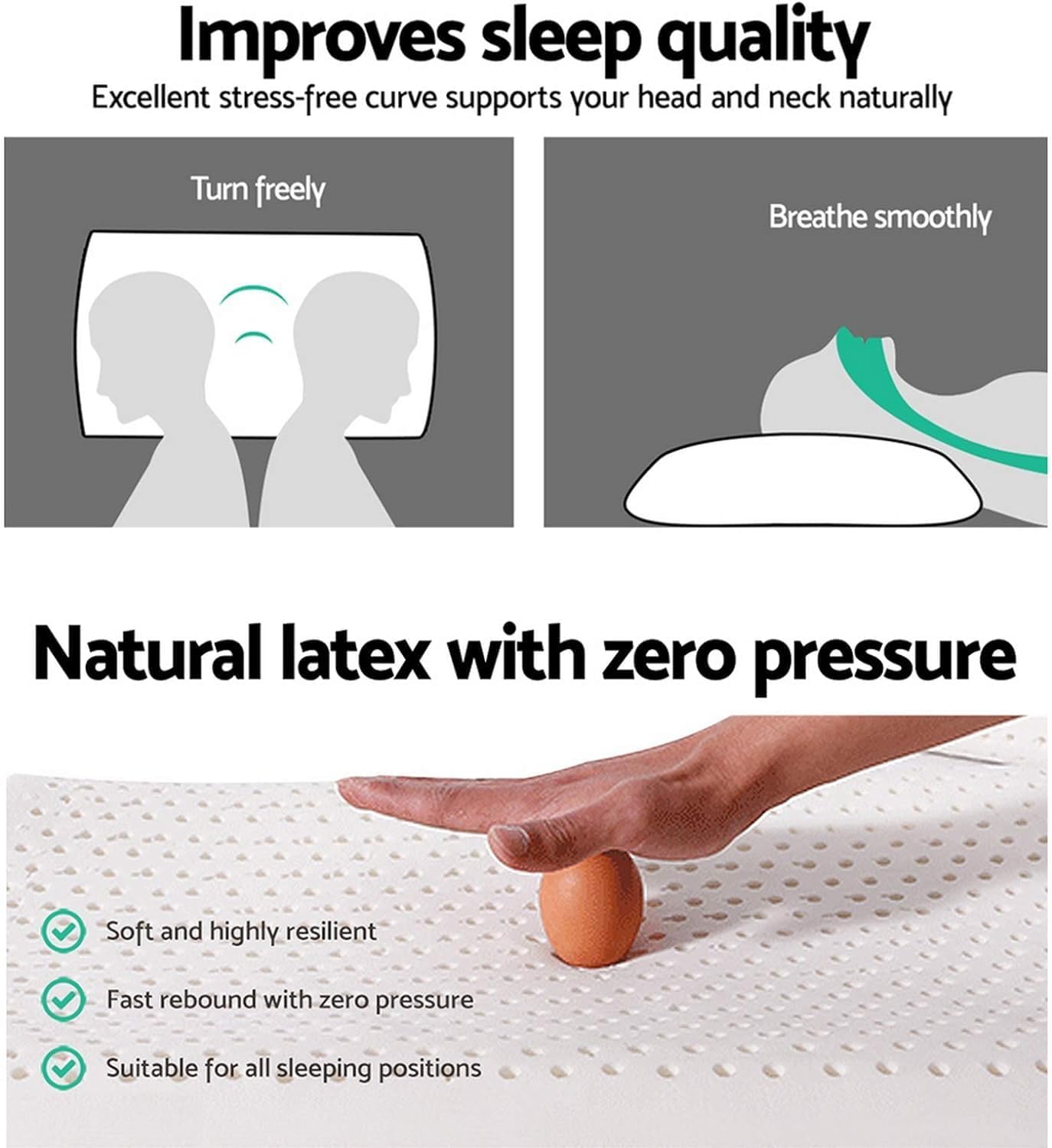 Talalay 100% Natural Premium Latex Pillow, Bed Pillow with Removable Cotton Cover, Queen Sleeping Pillow, Helps Relieve Pain and Pressure, Suitable for Side Back or Stomach Sleepers - Extra Soft