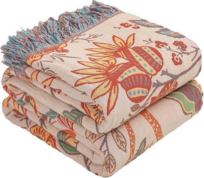 Boho Throw Blanket for Bed Couch 100% Cotton Woven Bed Throws for All Season Lightweight and Soft Cozy Farmhouse Reversible Muslin Decorative Blanket for Travel Picnic, Teal/Cream, 60''x80''