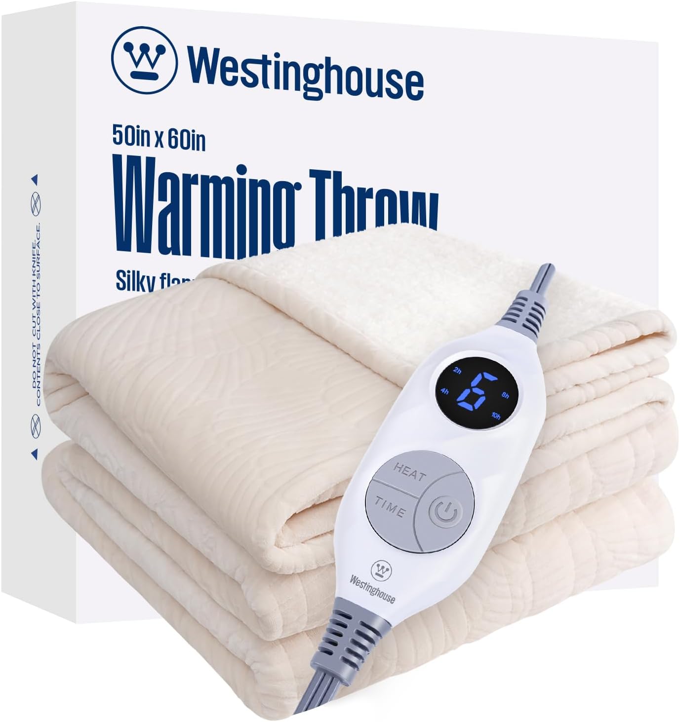 Westinghouse Heated Throw Blanket, Flower Jacquard Electric Blanket Throw with 6 Heating Levels and 2-10 Hours Auto-Off, Flannel to Sherpa Super Cozy Heated Blanket, Machine Washable (50" x 60" Beige)