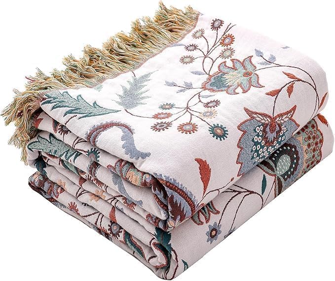 Boho Throw Blanket for Bed Couch 100% Cotton Woven Bed Throws for All Season Lightweight and Soft Cozy Farmhouse Reversible Muslin Decorative Blanket for Travel Picnic, Teal/Cream, 60''x80''