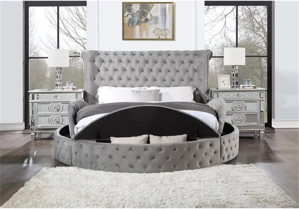 Acme Gaiva Eastern King Bed with Storage in Gray Velvet