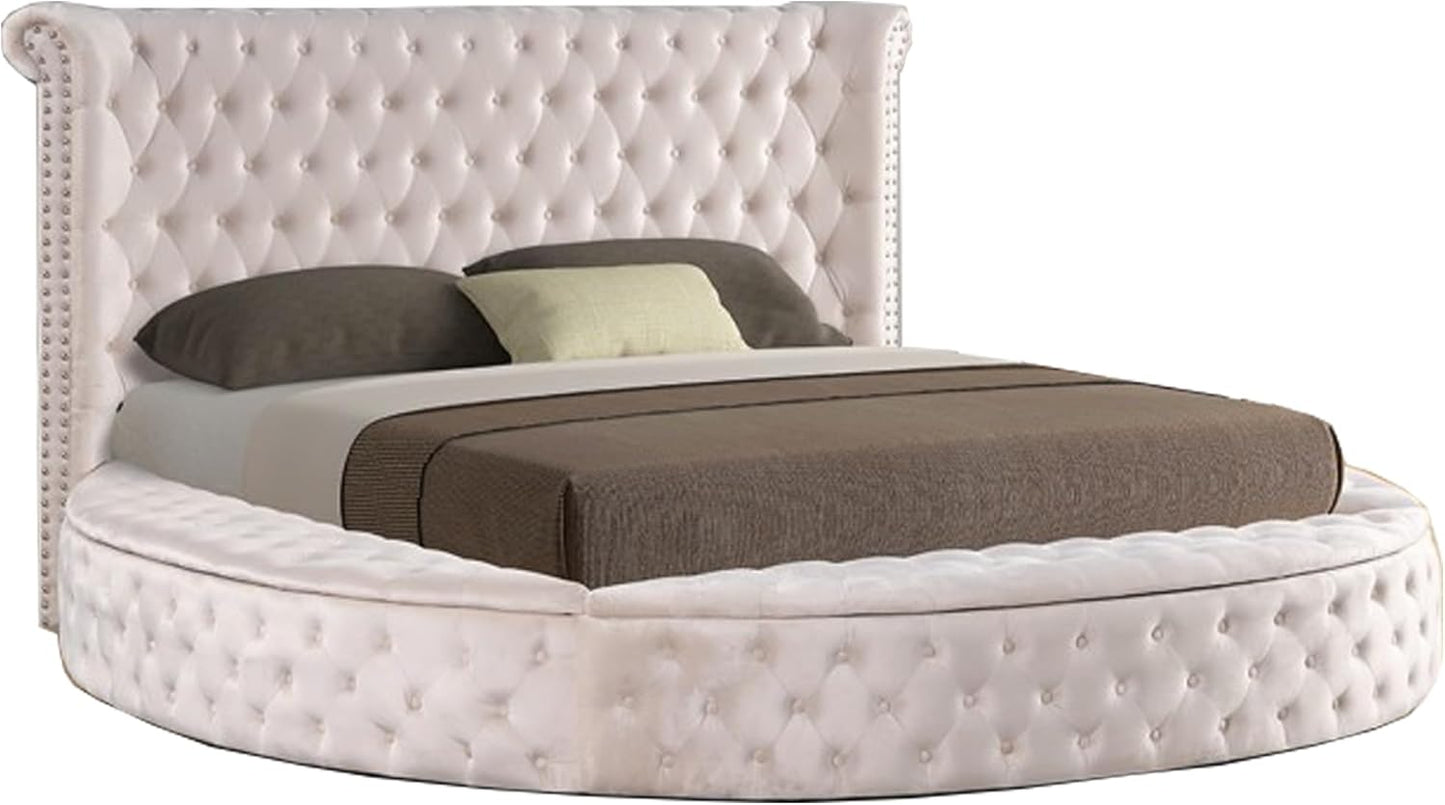 First of a Kind Velvet Tufted Platform Storage Bed, Circle Bed with Button Tufting and Storage Compartments, Queen Size (Black)