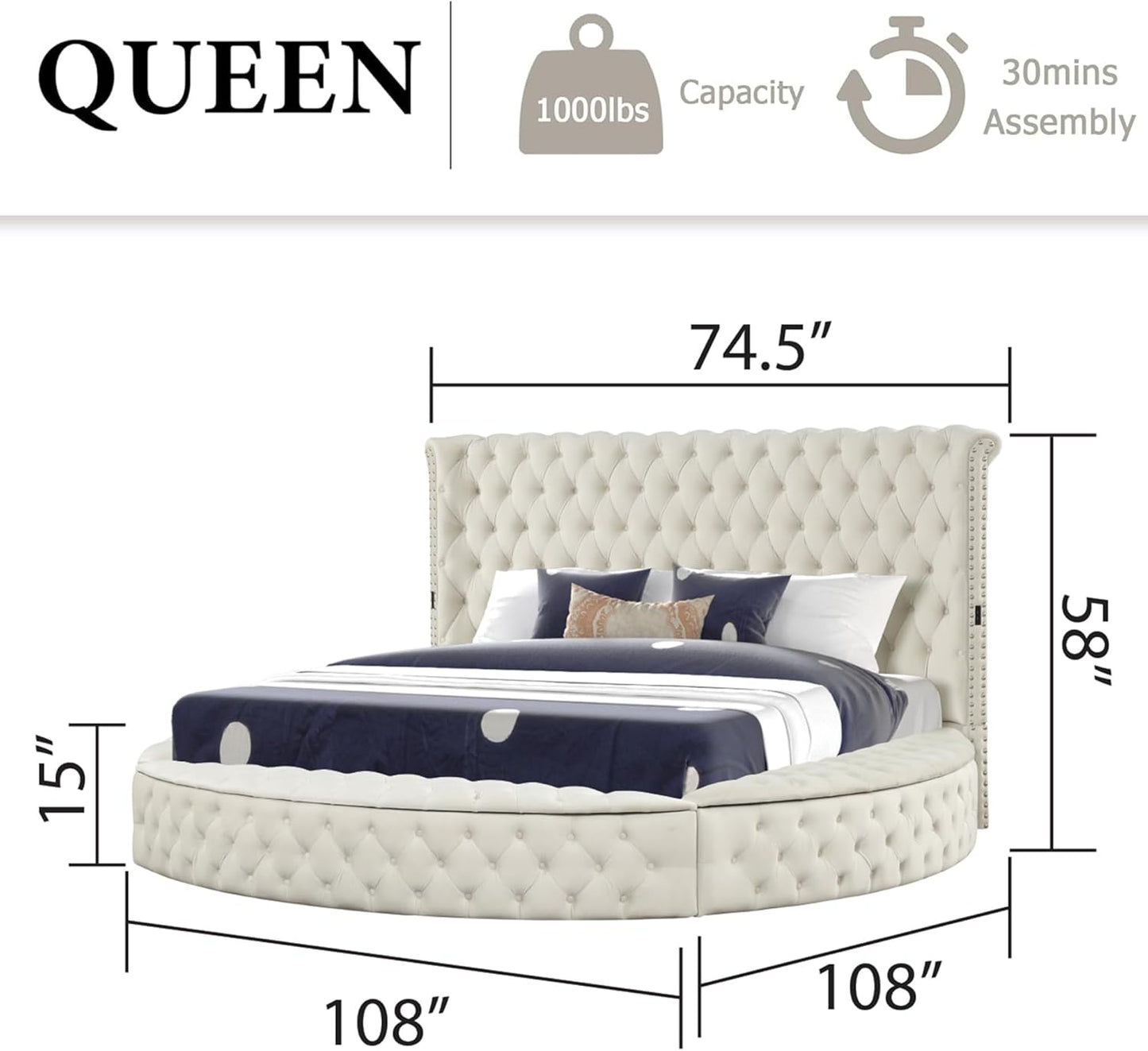 Luxury Round Bed Frame Queen - Velvet Circle Bed with Deep Button Tufting and Footboard Storage Modern Velvet Upholstered Beds with Wingback Headboard Include US- B Chargers and Speakers (Cream)