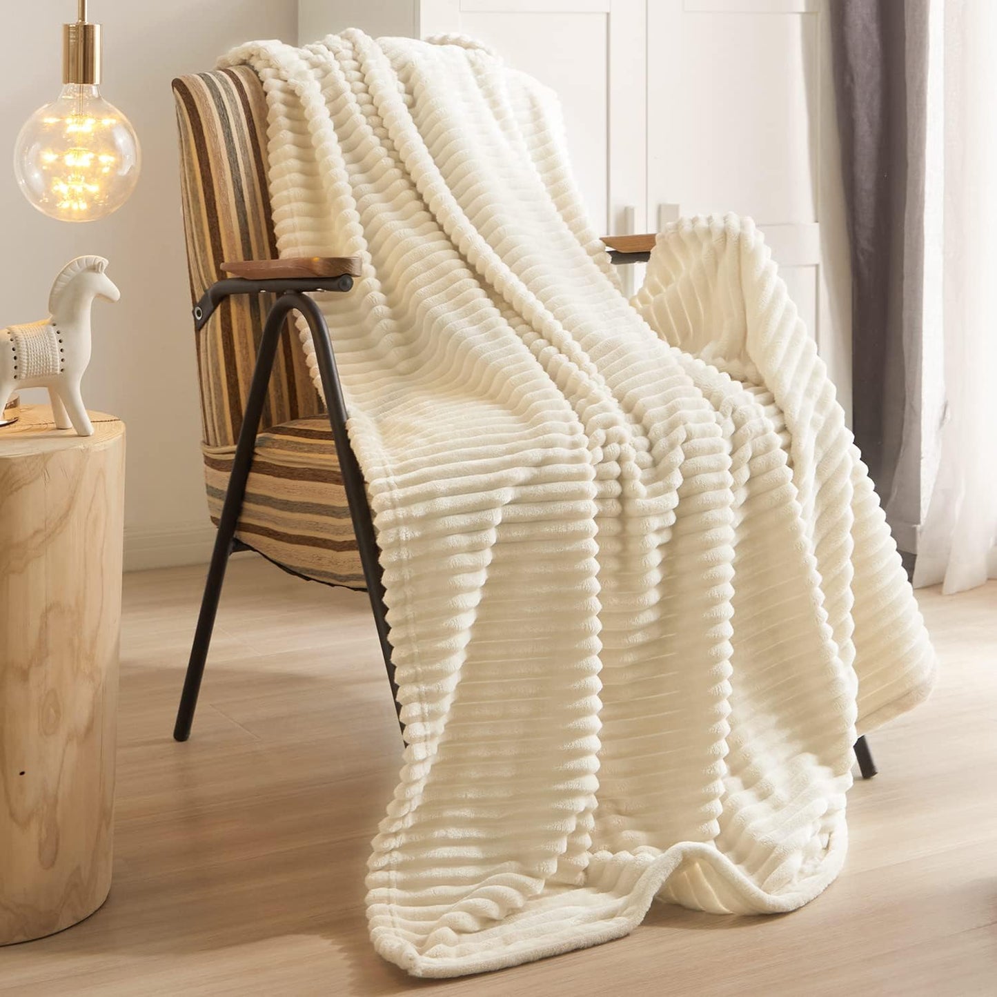 Geniospin Throw Blanket for Couch, Bed, Sofa – 280GSM Super Soft Lightweight Blanket with Stripe, 3D Ribbed Jacquard Blanket, Plush Fuzzy Cozy Throws, Warm and Breathable (Sage Green, 50x60 inches)