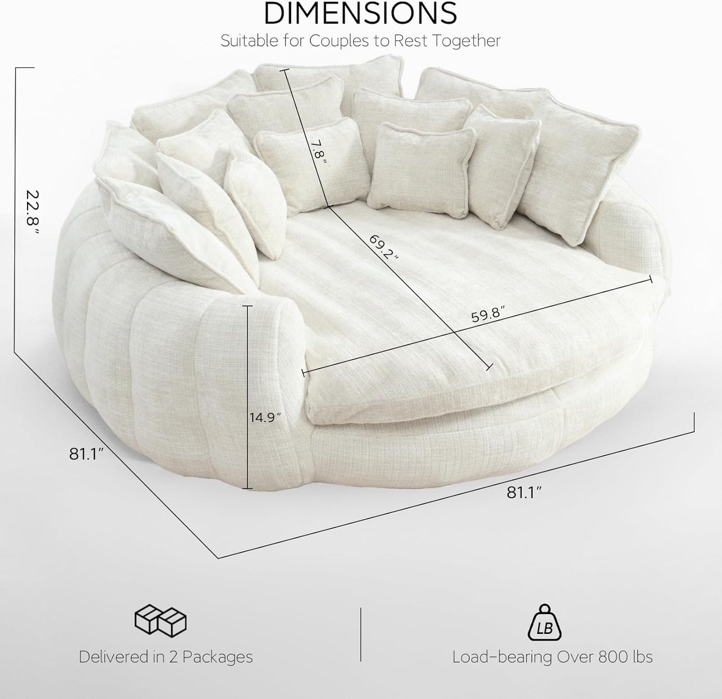 81'' Round Couches for Living Room, Comfy Boneless Couch, Circle Round Couch Bed with 14 Pillow, Oversized Chaise Lounge Chair Indoor, Floor Sleeper Sofa Bed, Full Memory Foam(Beige)