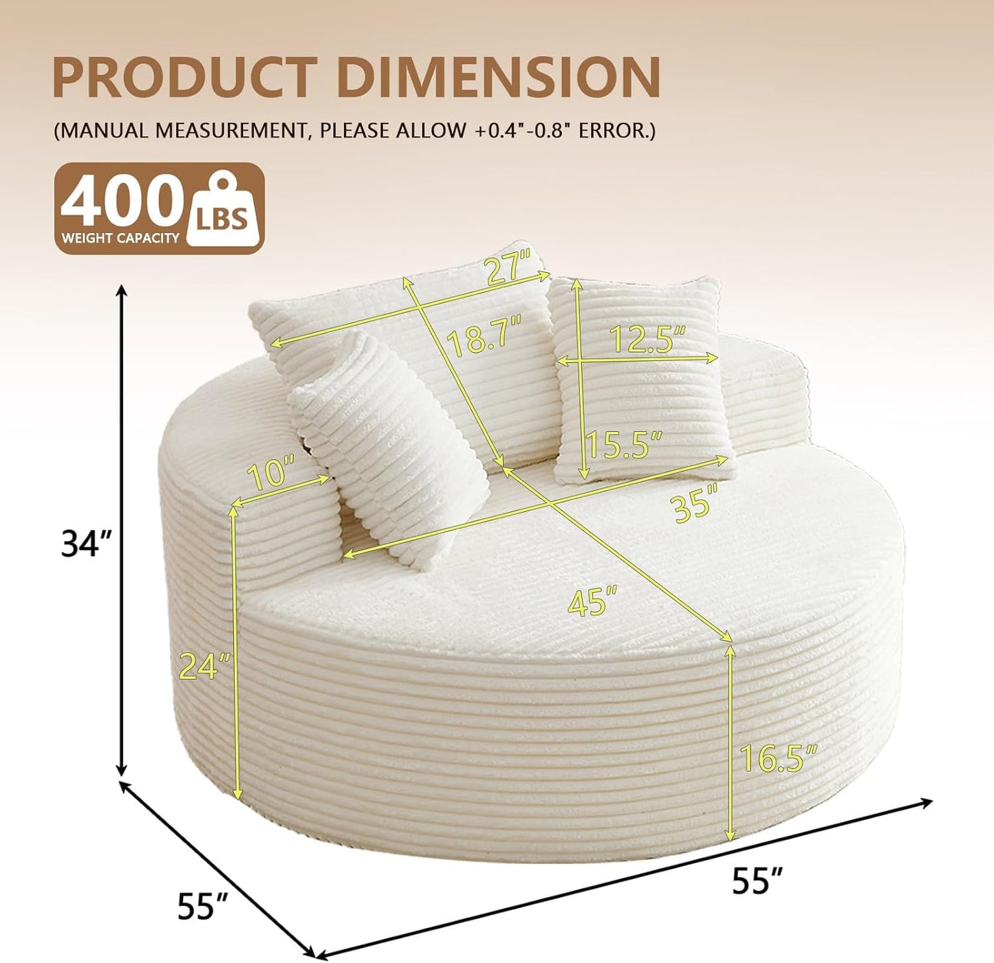 Oversized Round Chair Lounge Chaise Indoor, Upholstered Corduroy Deep Seat Cloud Large Circle Sofa Chair, No Assembly Required, Fluffy Modern Sleeper Sofa Bed for Reading, Living Room, Bedroom, White