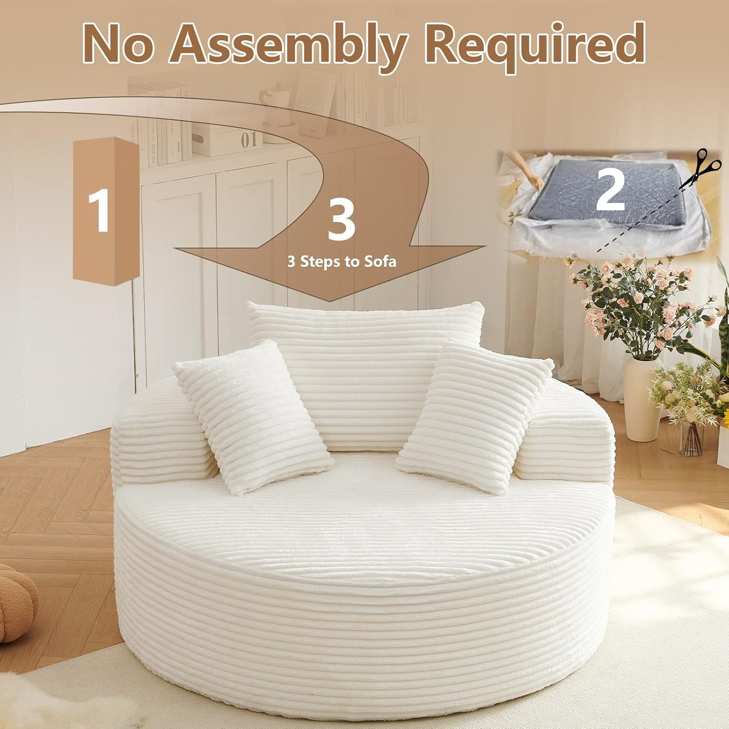 Oversized Round Chair Lounge Chaise Indoor, Upholstered Corduroy Deep Seat Cloud Large Circle Sofa Chair, No Assembly Required, Fluffy Modern Sleeper Sofa Bed for Reading, Living Room, Bedroom, White