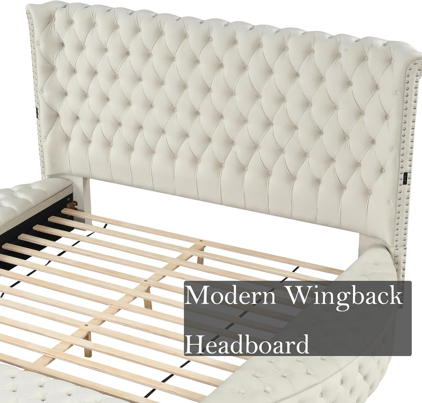 Luxury Round Bed Frame Queen - Velvet Circle Bed with Deep Button Tufting and Footboard Storage Modern Velvet Upholstered Beds with Wingback Headboard Include US- B Chargers and Speakers (Cream)