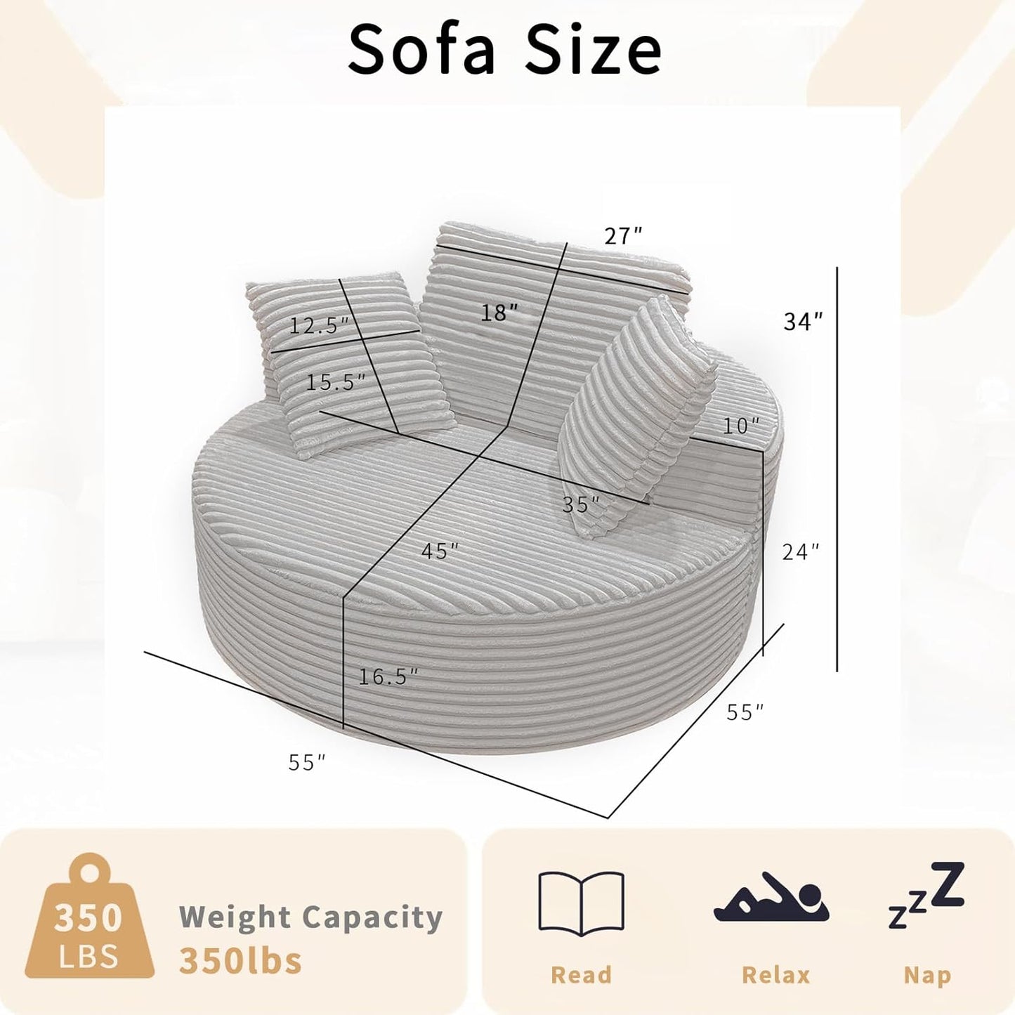 55" Oveiized Round Chair Louge Chaise Indoor,Corduroy Boneles Round Chair Sleeper Sofa Couch Bed,Flufy Modern Sleeper Boneless Couch for Reading,No Asembly Requied(Gray)