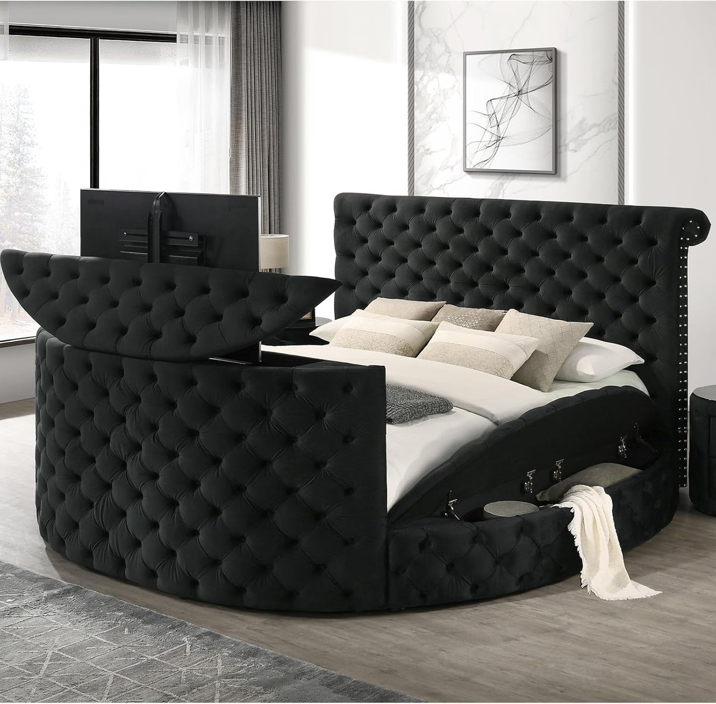 Round Bed Frame with Fireplace and TV Stand - Velvet Circle Bed with Tufted Headboard & Footboard, Upholstered Sleigh Bed King Size, Luxury Bedframe with Side Storage Stools for Bedroom Furniture