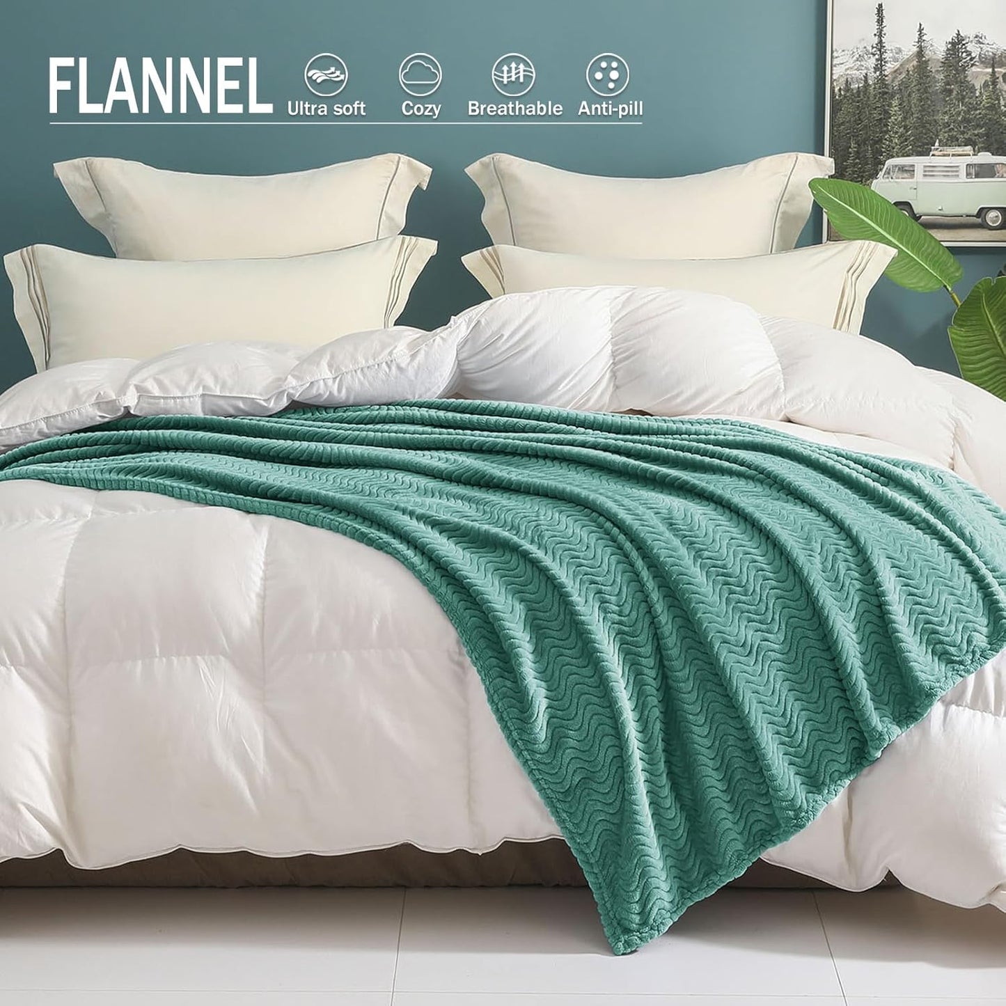 Exclusivo Mezcla Soft Fleece Throw Blanket for Couch, Cozy Lightweight Blankets with Decorative Wave Textured Suitable for All Season Use, Celadon, 50x70 Inches