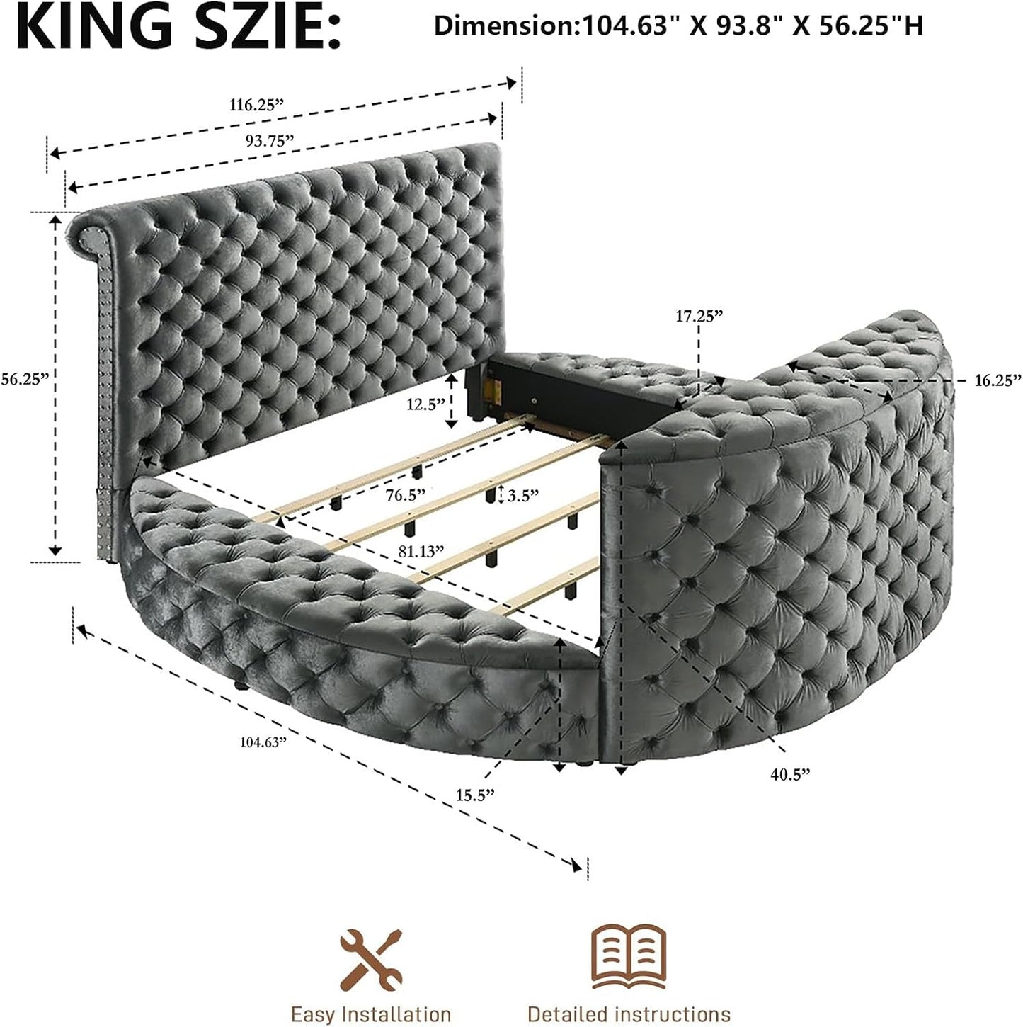 Round Bed Frame with Fireplace and TV Stand - Velvet Circle Bed with Tufted Headboard & Footboard, Upholstered Sleigh Bed King Size, Luxury Bedframe with Side Storage Stools for Bedroom Furniture