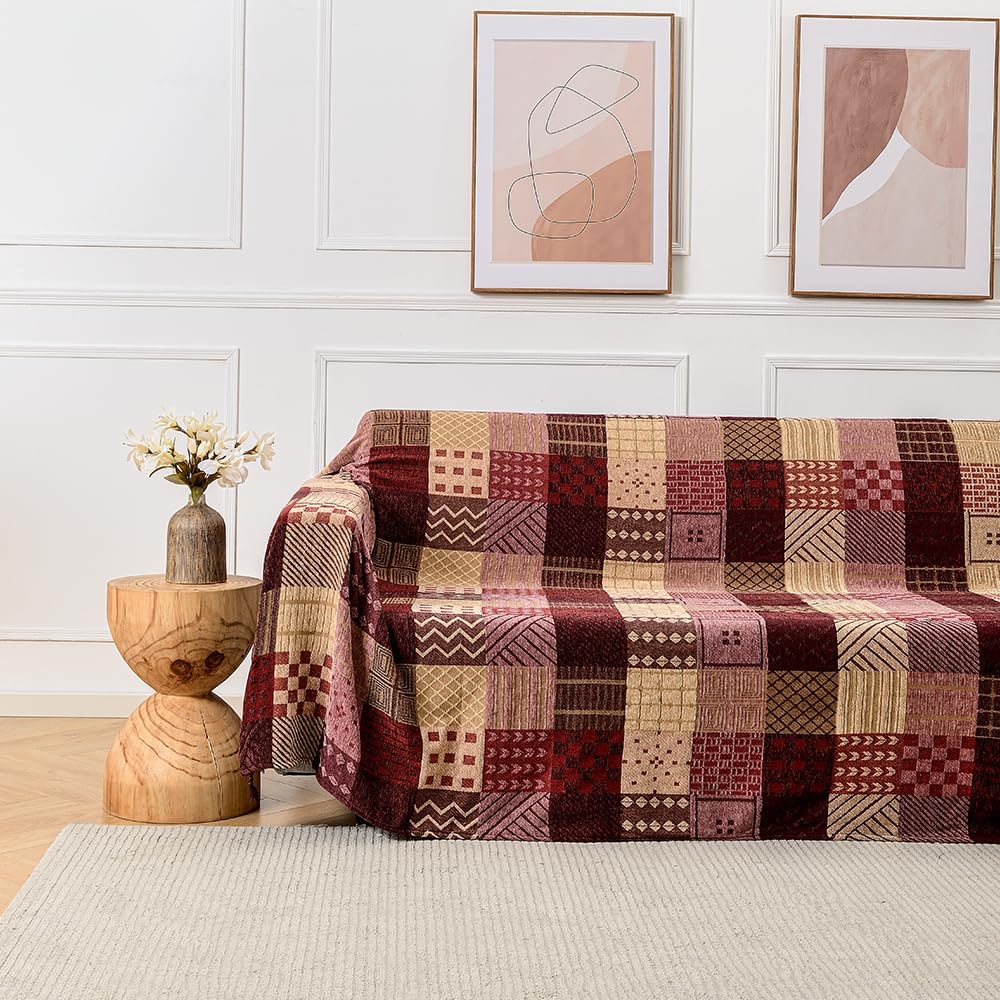 Bohemian Tribal Throws Blankets Reversible Colorful Red Blue Boho Hippie Chenille Jacquard Fabric Throw Covers Large Couch Furniture Sofa Chair Loveseat Recliner Oversized (Blue, S:75x60)