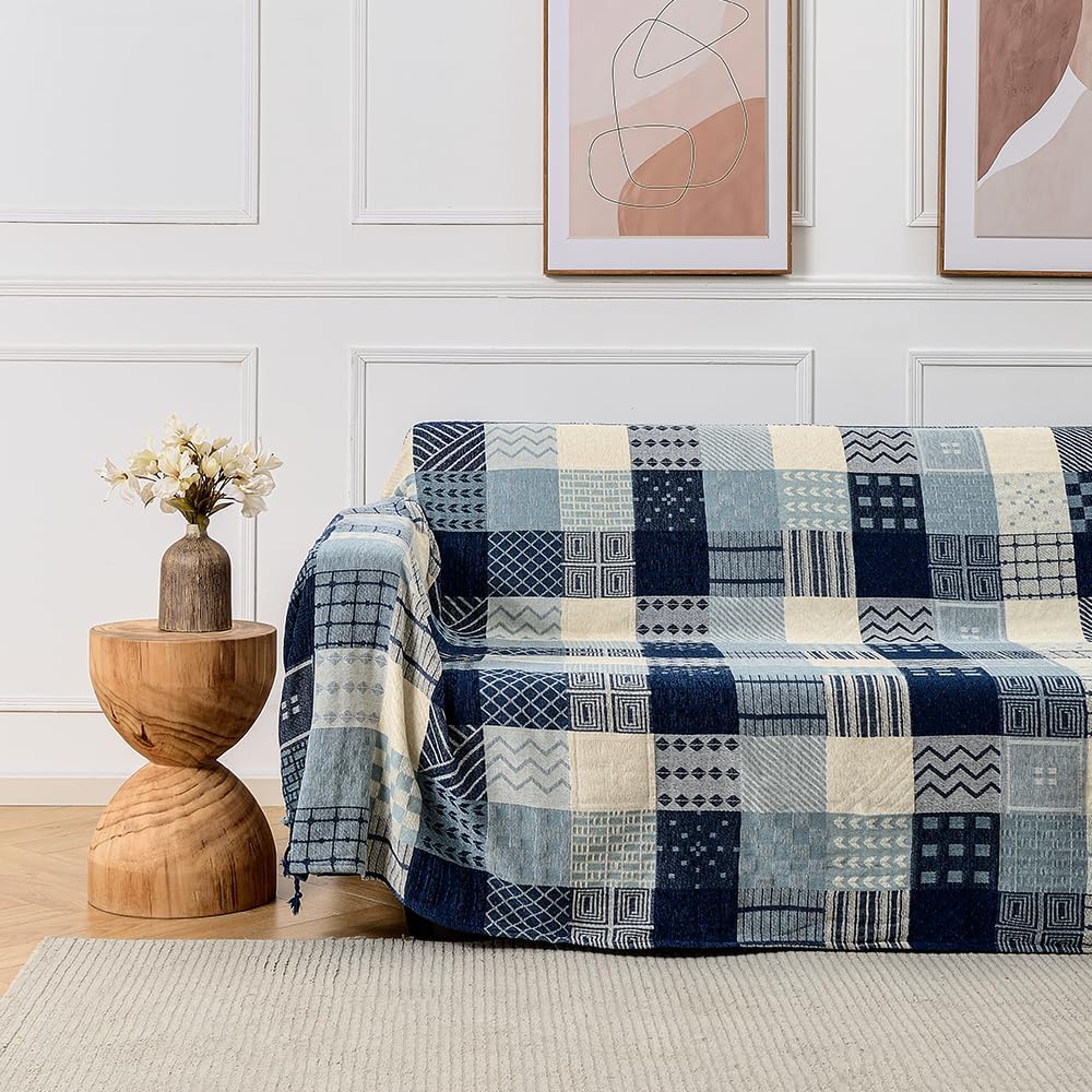 Bohemian Tribal Throws Blankets Reversible Colorful Red Blue Boho Hippie Chenille Jacquard Fabric Throw Covers Large Couch Furniture Sofa Chair Loveseat Recliner Oversized (Blue, S:75x60)
