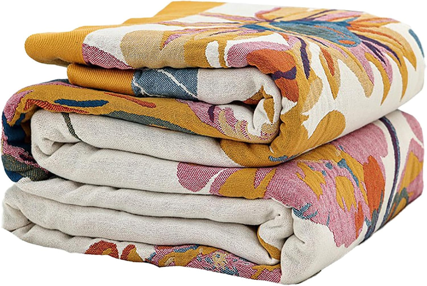 Boho Throw Blanket for Bed Couch 100% Cotton Woven Bed Throws for All Season Lightweight and Soft Cozy Farmhouse Reversible Muslin Decorative Blanket for Travel Picnic, Teal/Cream, 60''x80''
