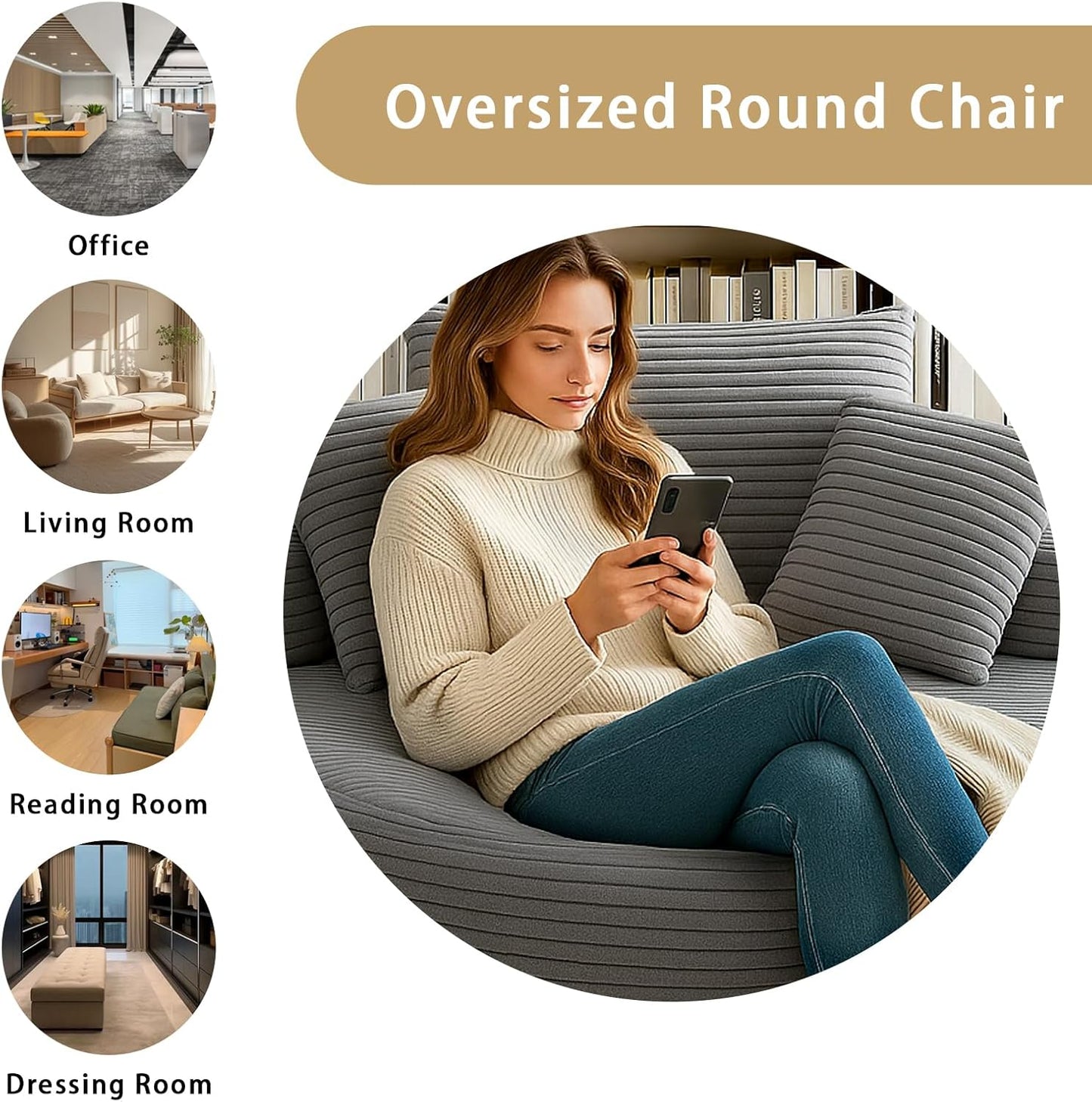 55" Oveiized Round Chair Louge Chaise Indoor,Corduroy Boneles Round Chair Sleeper Sofa Couch Bed,Flufy Modern Sleeper Boneless Couch for Reading,No Asembly Requied(Gray)