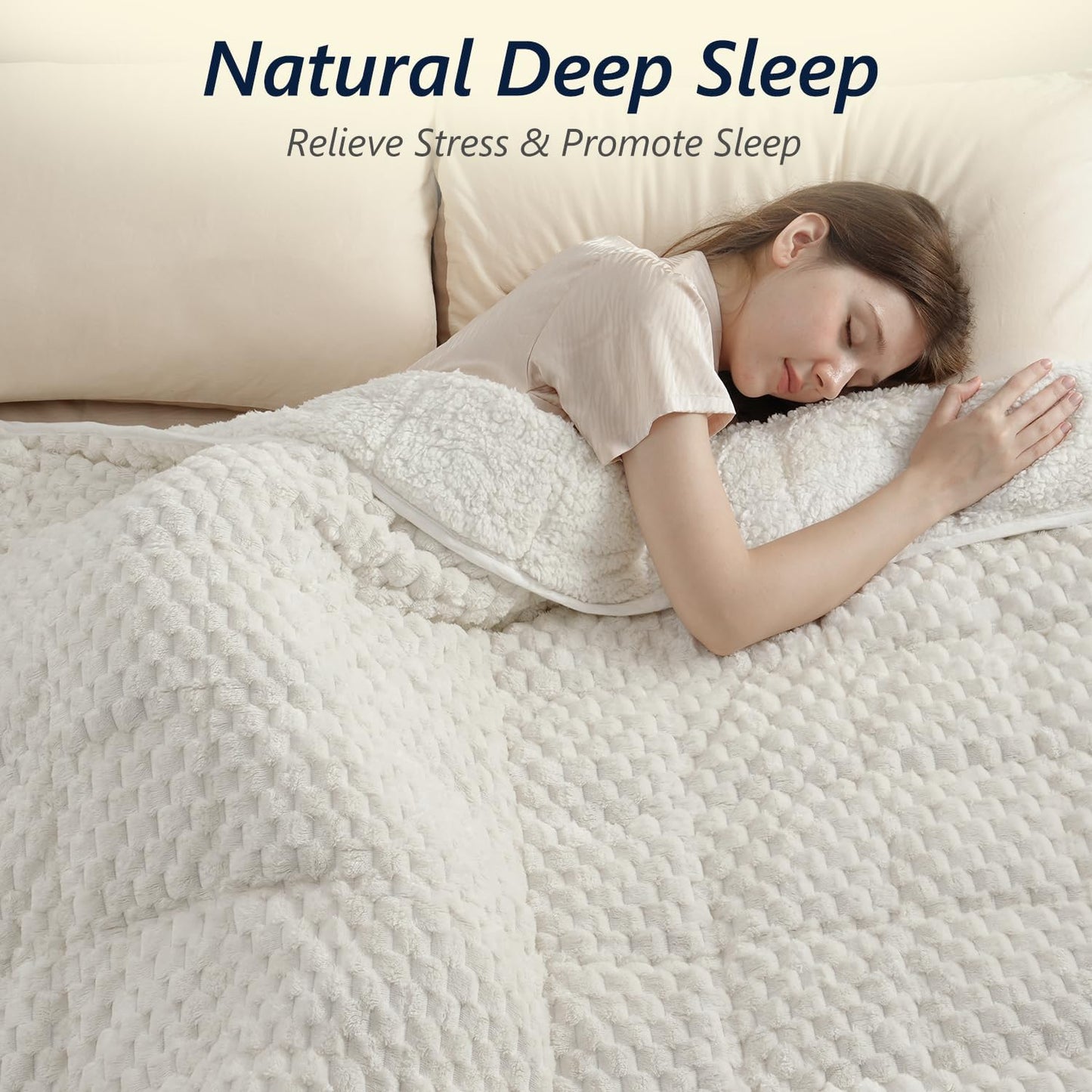 Mr. Sandman Weighted Blankets for Adults Queen Size 15lbs, Warm Sherpa Fleece Throw Blanket for Sleep and Calm, Soft Cozy Heavy Bed Blanket with Jacquard Flannel, 60 x 80 Inches, Cream White