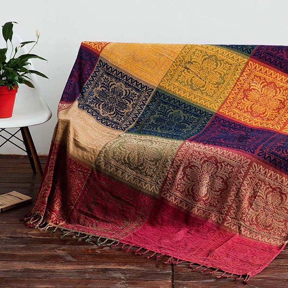 Boho Throw Blanket, Chenille Jacquard Tassels Throw Blankets for Bed Couch Soft Chair, Bohemian Fringe Tassels (Red, S:60x75