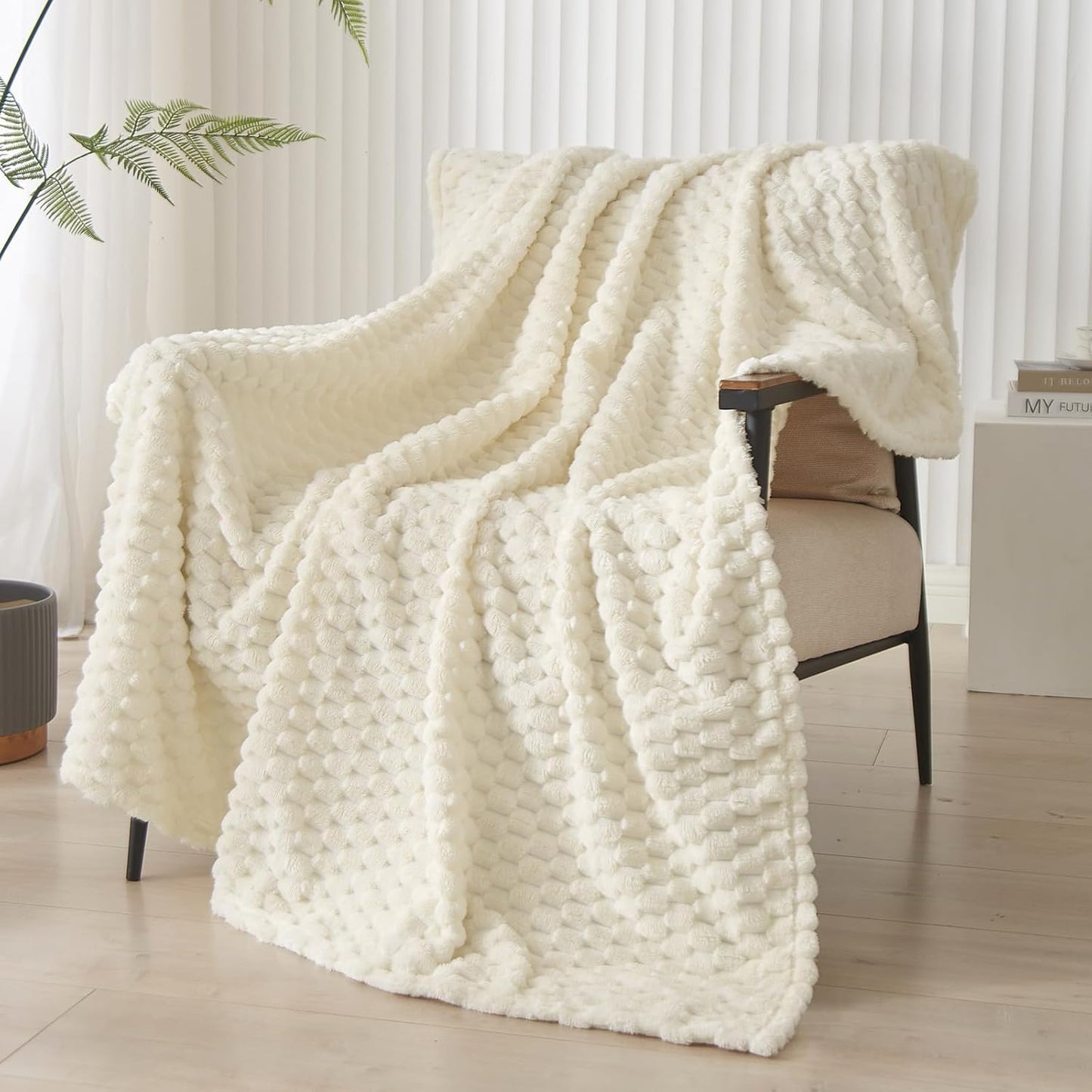 PHF Ultra Soft Flannel Fleece Blanket Queen Size, Lightweight 3D Jacquard Fleece Blanket, No Shedding, No Pilling, Luxury 340GSM Aesthetic Fluffy Cozy for Bed Room Decor, 90"x90", Camel/Light Khaki