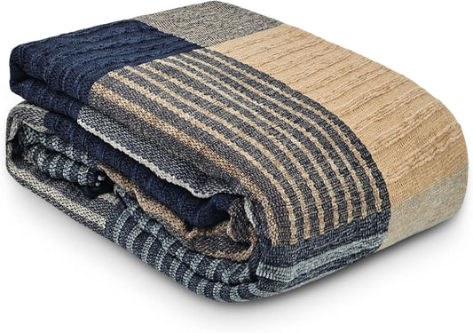 Bohemian Throw Blanket, Chenille Jacquard Tassels Cover for Couch Bed, Decorative Sofa Slipcover Protector - Colorful Tribal Pattern (Blue Checkered, 60 * 75 in)