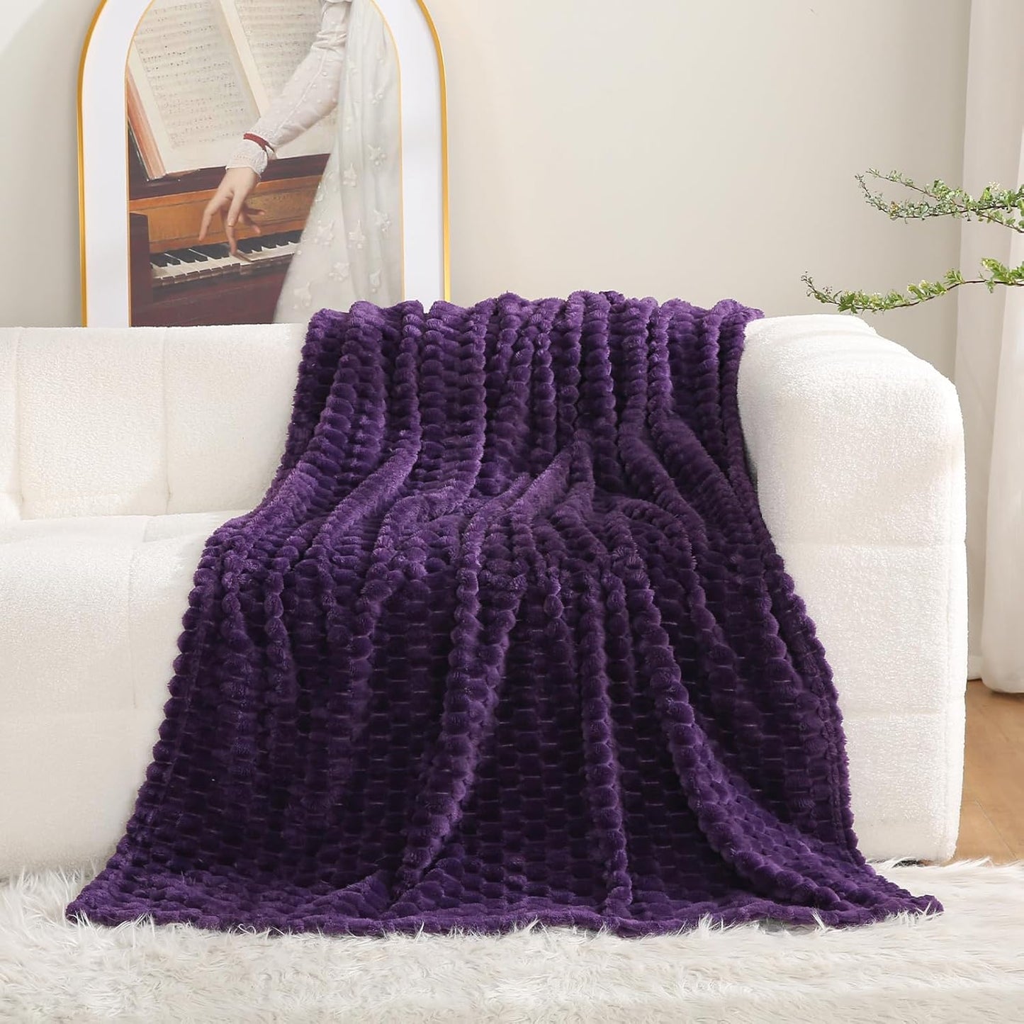 Puncuntex Hot Pink Throw Blanket 50"×60" inches Gifts for Mom Fuzzy 3D Jacquard Decorative Flannel Fleece Super Soft Plush Cozy Blanket for Couch Sofa Chair Lightweight
