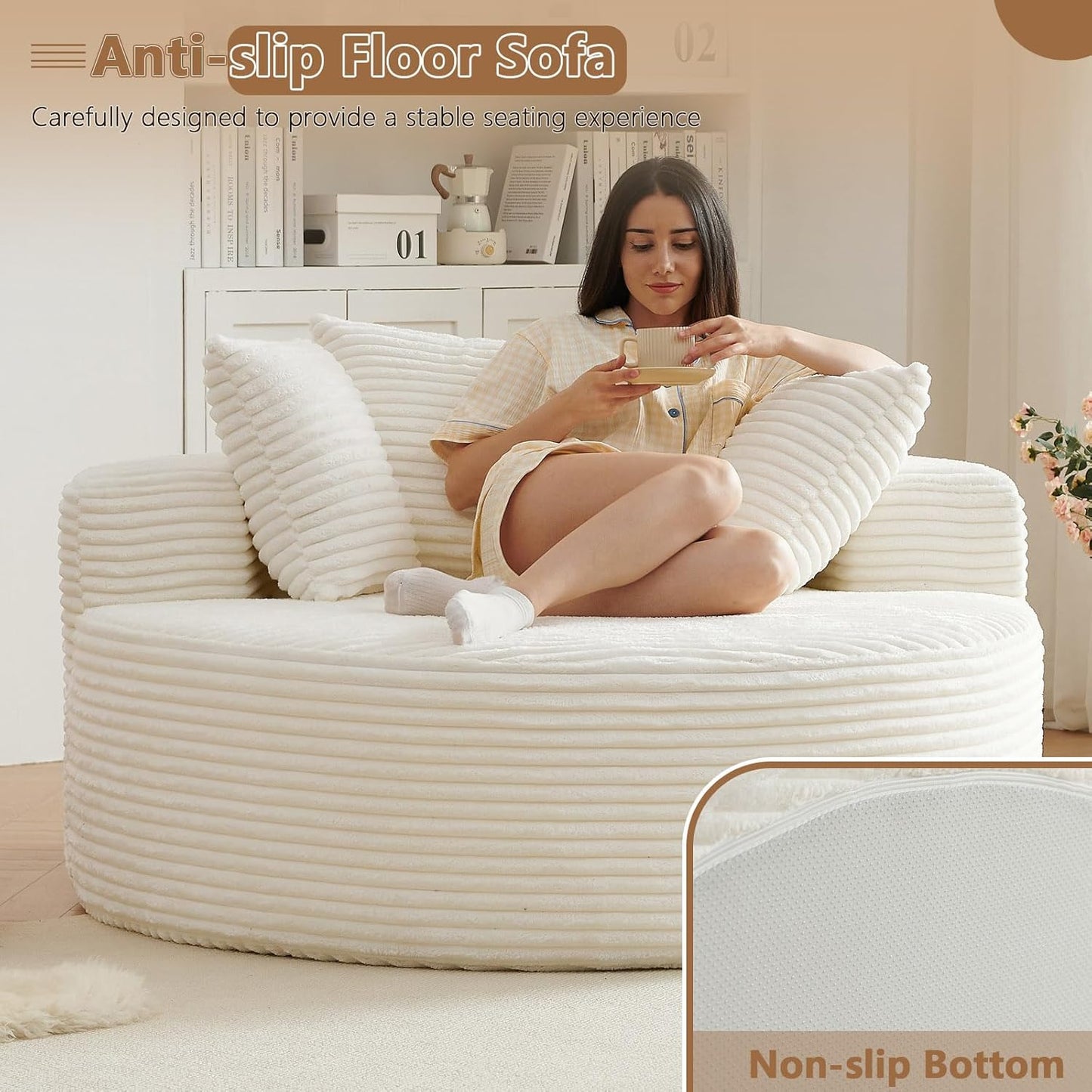 Oversized Round Chair Lounge Chaise Indoor, Upholstered Corduroy Deep Seat Cloud Large Circle Sofa Chair, No Assembly Required, Fluffy Modern Sleeper Sofa Bed for Reading, Living Room, Bedroom, White