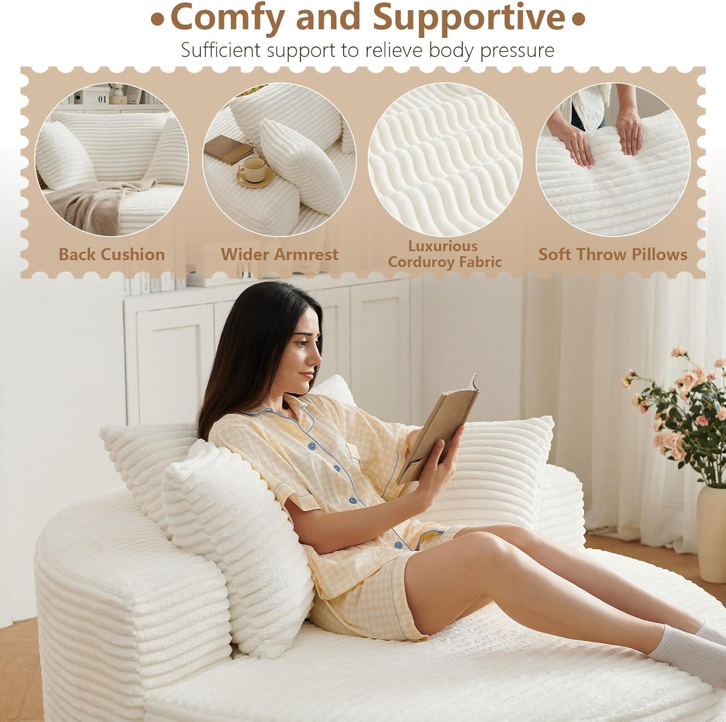 Oversized Round Chair Lounge Chaise Indoor, Upholstered Corduroy Deep Seat Cloud Large Circle Sofa Chair, No Assembly Required, Fluffy Modern Sleeper Sofa Bed for Reading, Living Room, Bedroom, White