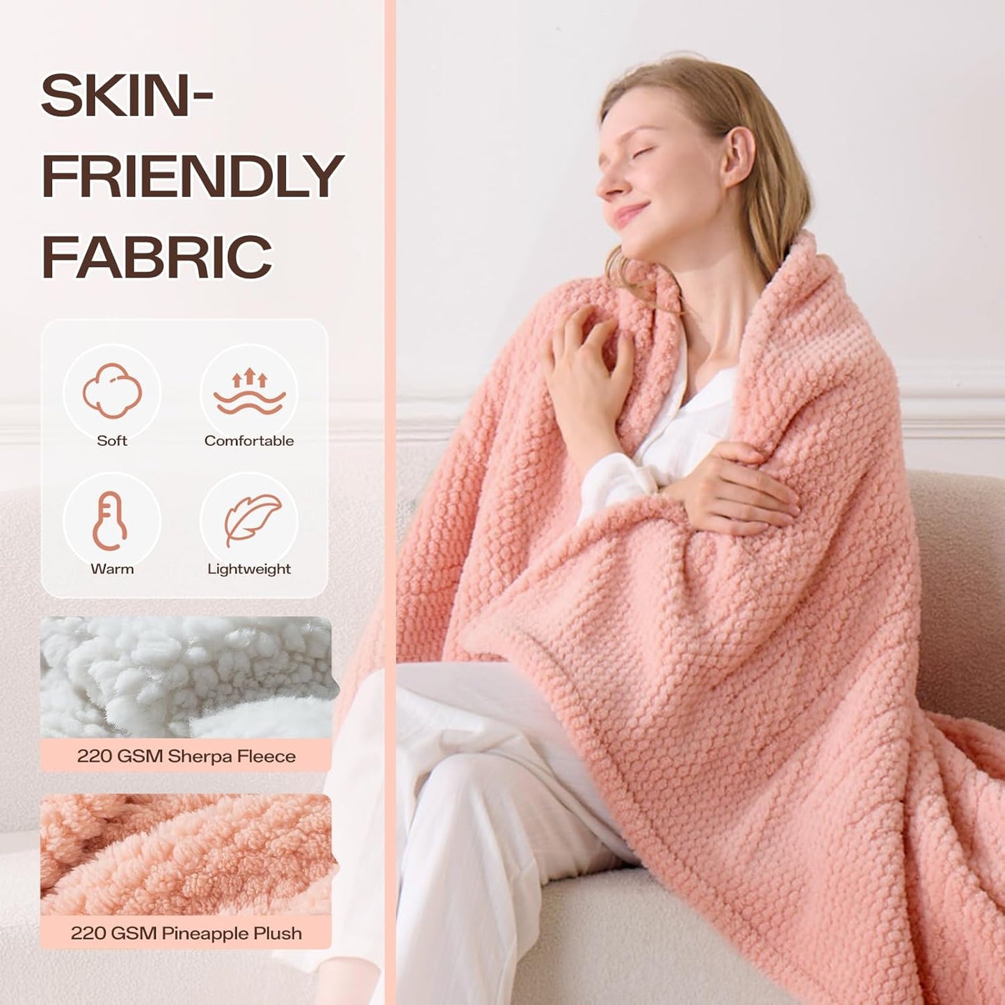 Heated Blanket Electric Throw, 50" x 60" 3D Pineapple Jacquard Blanket Soft Fluffy, Fast Heating Throw 8 Heating Levels & 8 Hours Auto Off with ETL & FCC Certification, Pink