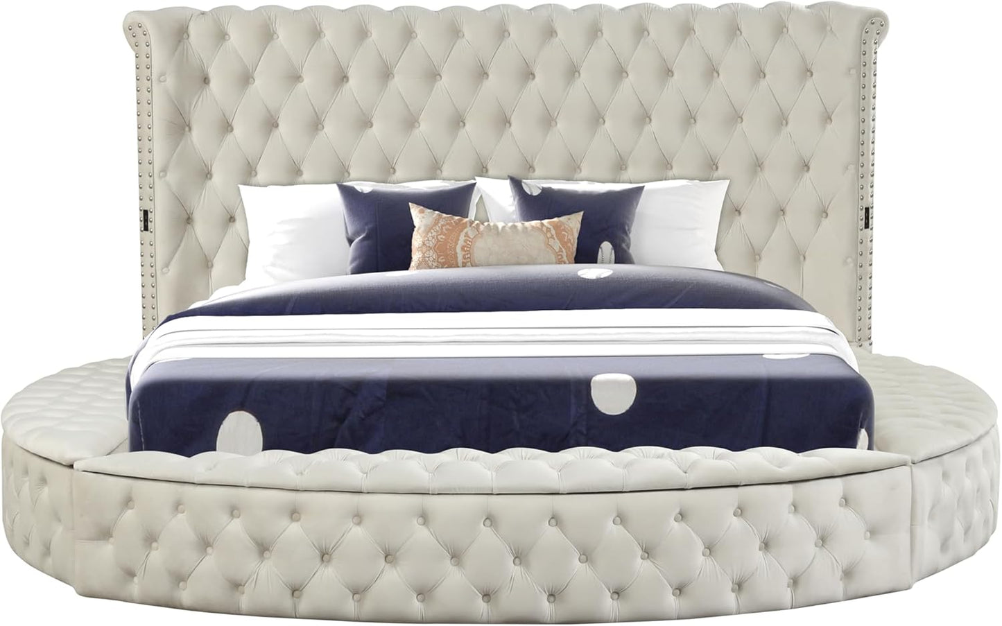 Luxury Round Bed Frame Queen - Velvet Circle Bed with Deep Button Tufting and Footboard Storage Modern Velvet Upholstered Beds with Wingback Headboard Include US- B Chargers and Speakers (Cream)