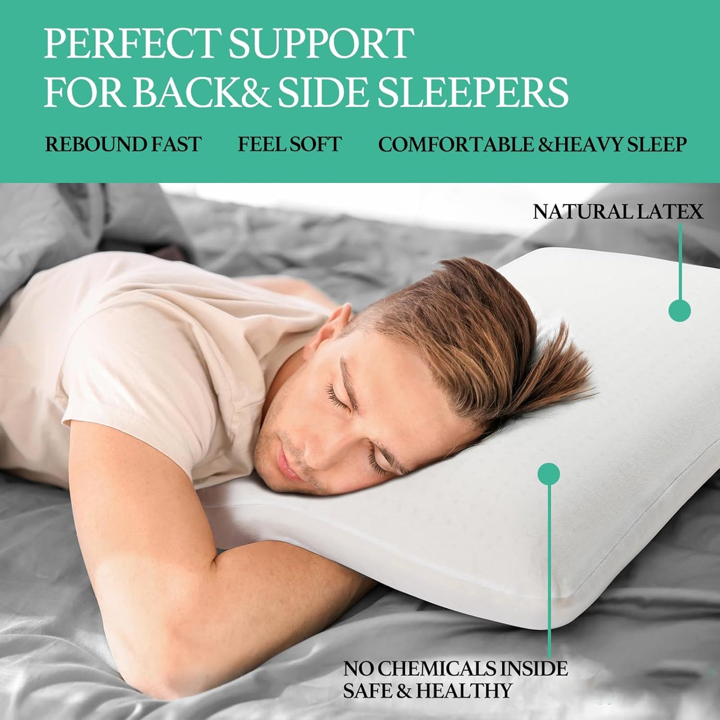 Talalay 100% Natural Premium Latex Pillow, Bed Pillow with Removable Cotton Cover, Queen Sleeping Pillow, Helps Relieve Pain and Pressure, Suitable for Side Back or Stomach Sleepers - Extra Soft