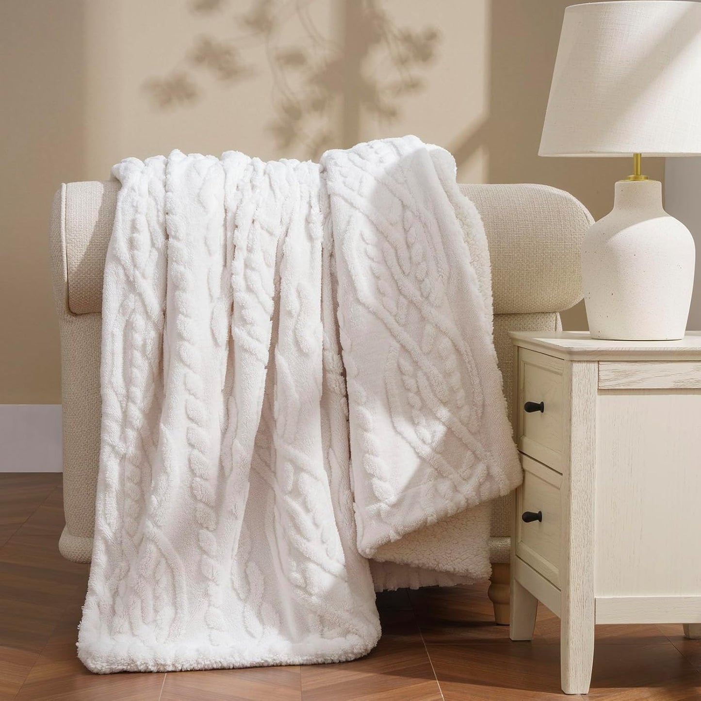 EVERGRACE Jacquard Boho Sherpa Fleece Throw Blanket for Couch, Super Soft Cozy Fuzzy Plush Blankets for Winter, Reversible Thick Warm Blanket for Bed, Sofa, Living Room, Off White, 50" x 60"