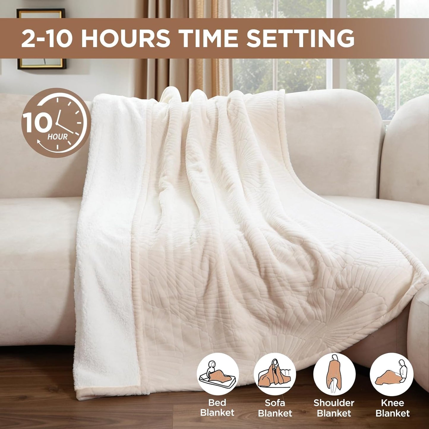 Westinghouse Heated Throw Blanket, Flower Jacquard Electric Blanket Throw with 6 Heating Levels and 2-10 Hours Auto-Off, Flannel to Sherpa Super Cozy Heated Blanket, Machine Washable (50" x 60" Beige)