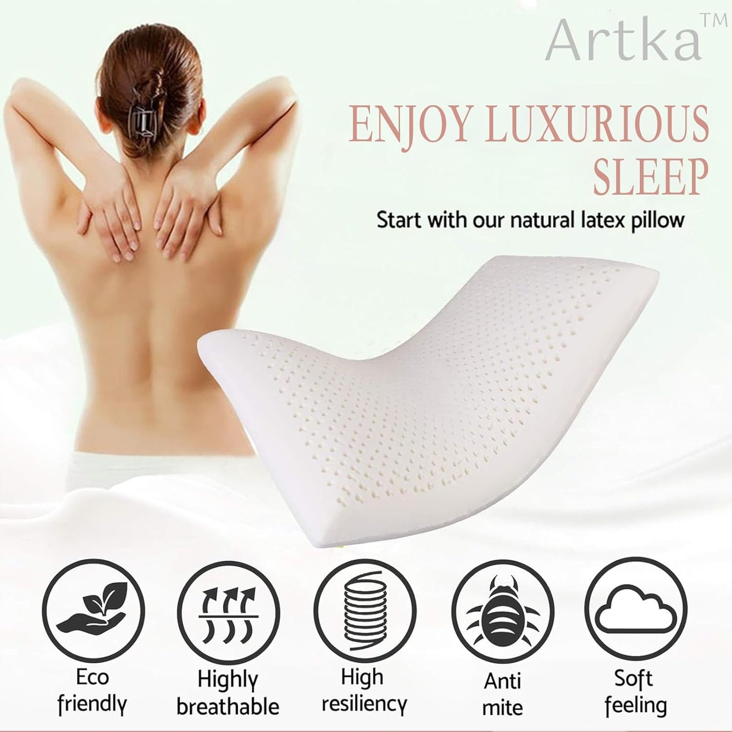 Artka Talalay 100% Natural Latex Pillow, Soft Bed Pillow for Sleeping with Removable Cotton Pillowcase, Premium Standard Size Sleeping Pillow Helps Relieve Pressure, No Memory Foam Chemicals