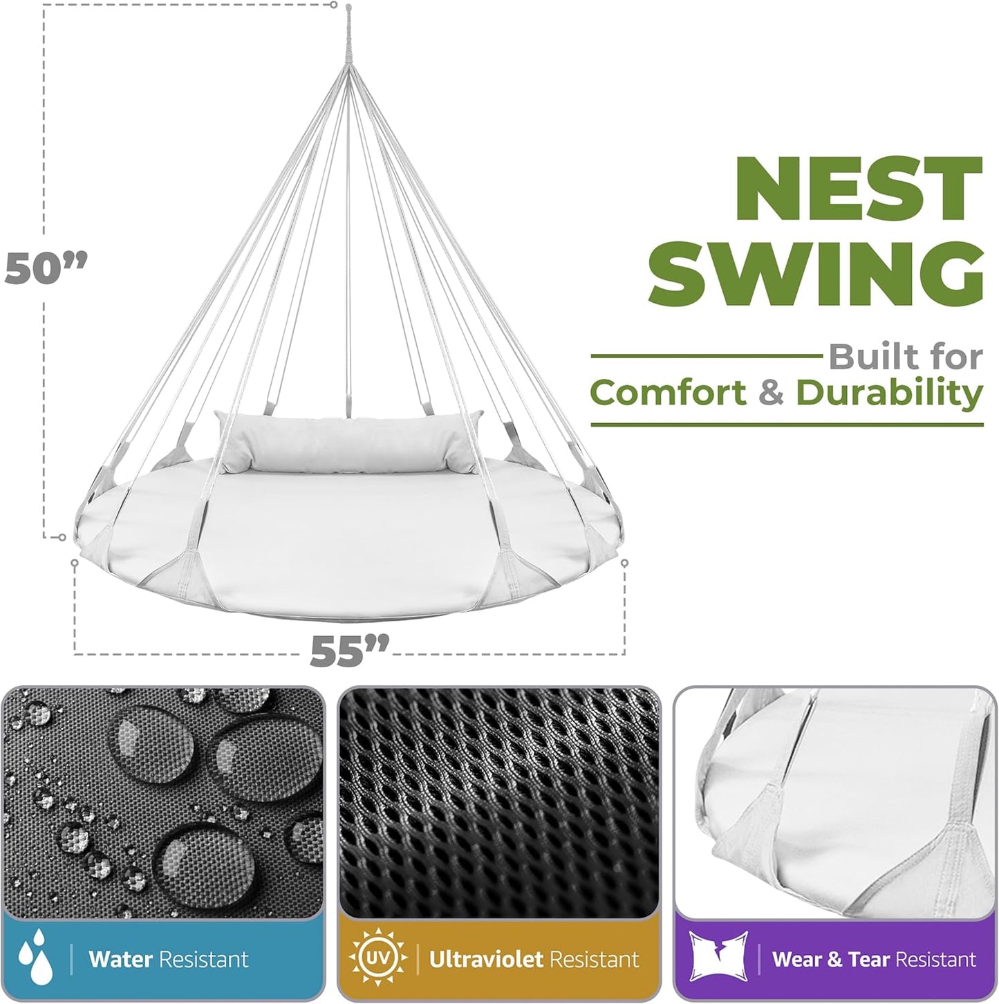 Sorbus 56" Stylish Hanging Swing Nest - Premium Cotton Double Hammock Daybed Saucer Style Lounger Swing Chair- 264lbs Sturdy Spinner Tree w/Pillow - Easy Setup - for Indoor/Outdoor, Travel - White