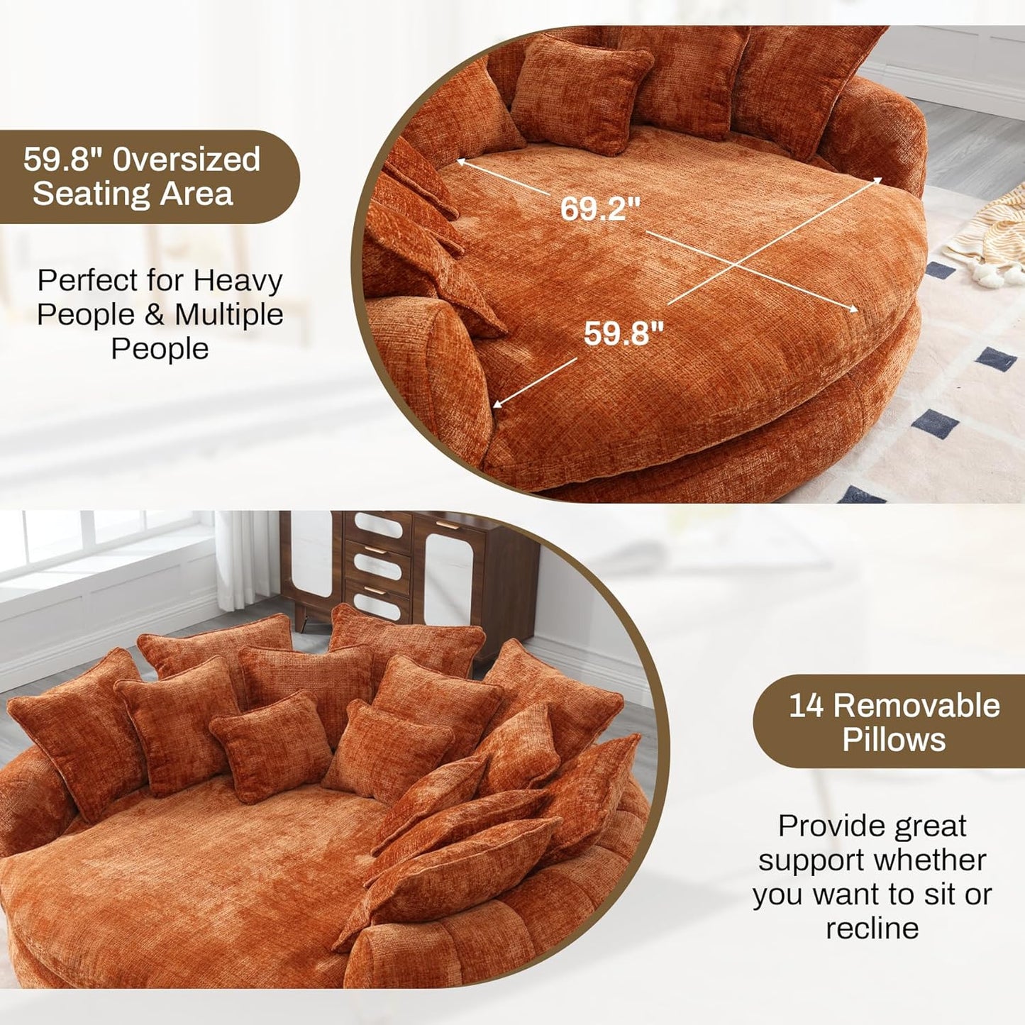81.1" W Oversized Round Chaise Lounge, Fluffy Lazy Bean Bag Sofa with 14 Pillows, Comfy Chenille Upholstered Barrel Sleeper Bed, Modern Deep Seat Cloud Couch for Living Room, Orange