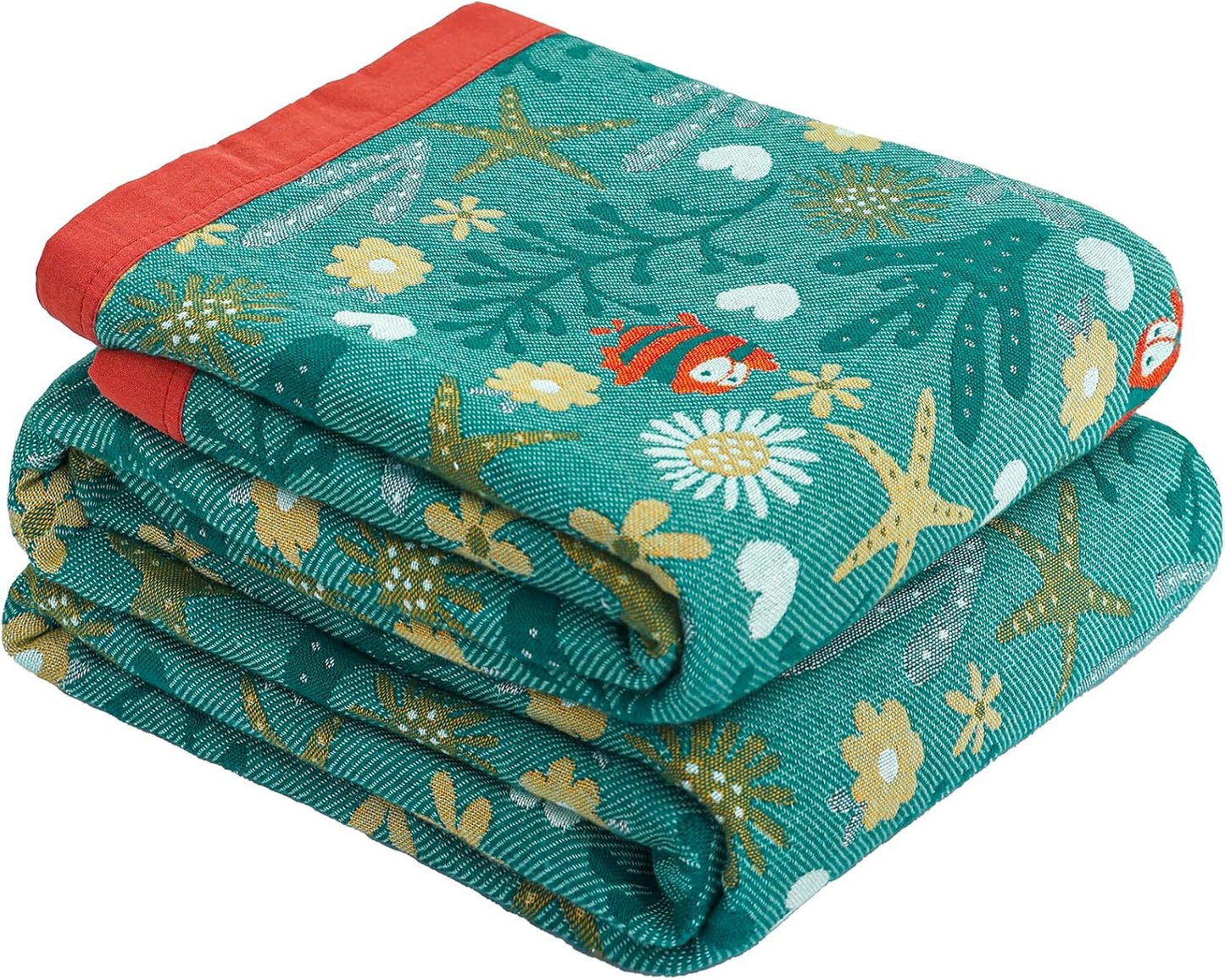 Boho Throw Blanket for Bed Couch 100% Cotton Woven Bed Throws for All Season Lightweight and Soft Cozy Farmhouse Reversible Muslin Decorative Blanket for Travel Picnic, Teal/Cream, 60''x80''