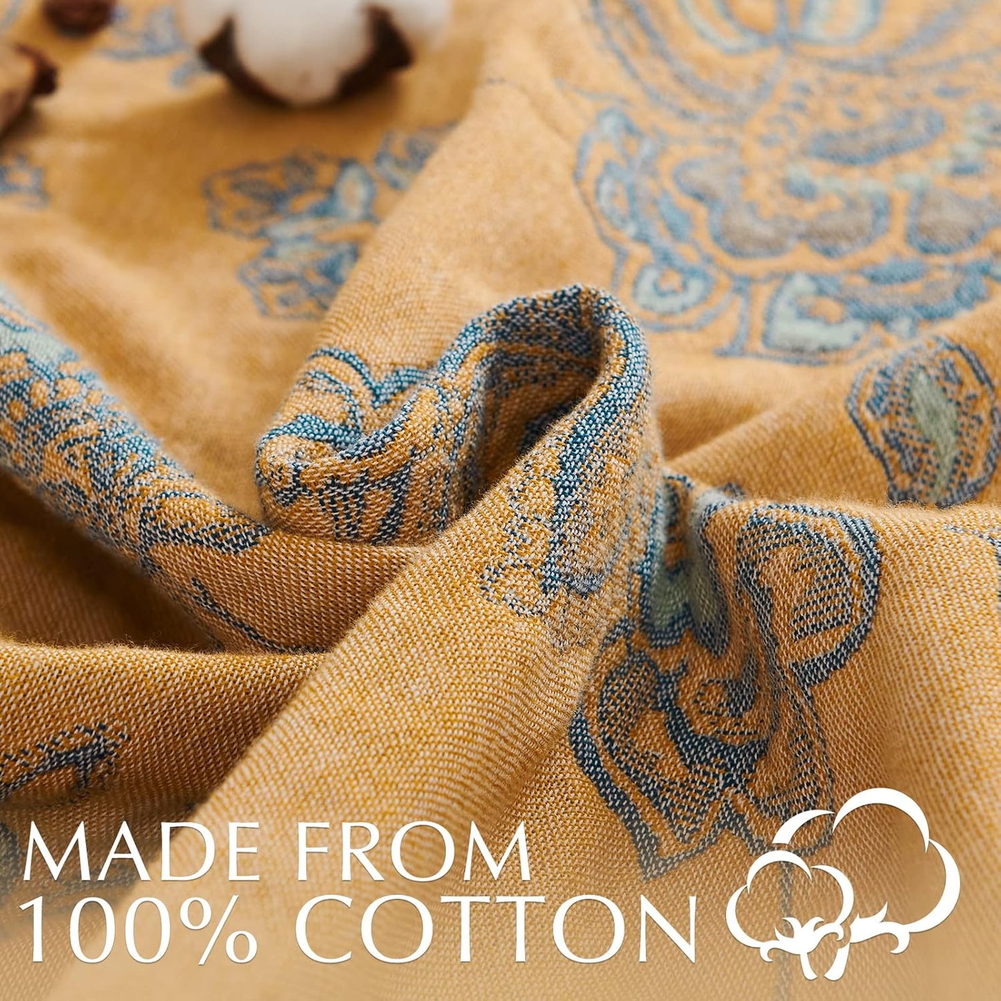 jinchan Boho 100% Cotton Muslin Twin Size 60x80 Inches Blanket Lightweight 4-Layer Quilted Soft Yellow and Blue Floral Throw Blanket Reversible Comfy Flower Breathable All Seasons Couch Bedroom Decor