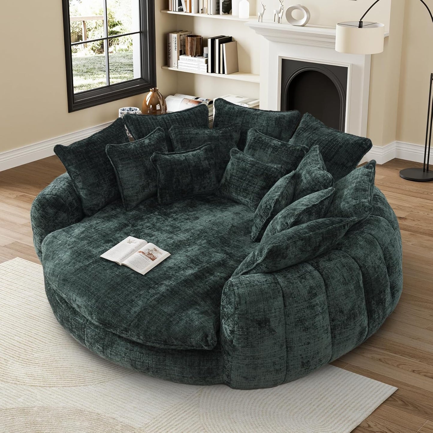 81” Oversized Upholstered Sofa Bed, Round Chaise Lounge Chair Indoor, Fluffy Plush Chaise Lounge, Modern Chenille Cloud Couch with Deep Seat, Comfy Bean Bag Chiar for Living Room Apartment, Dark Grey