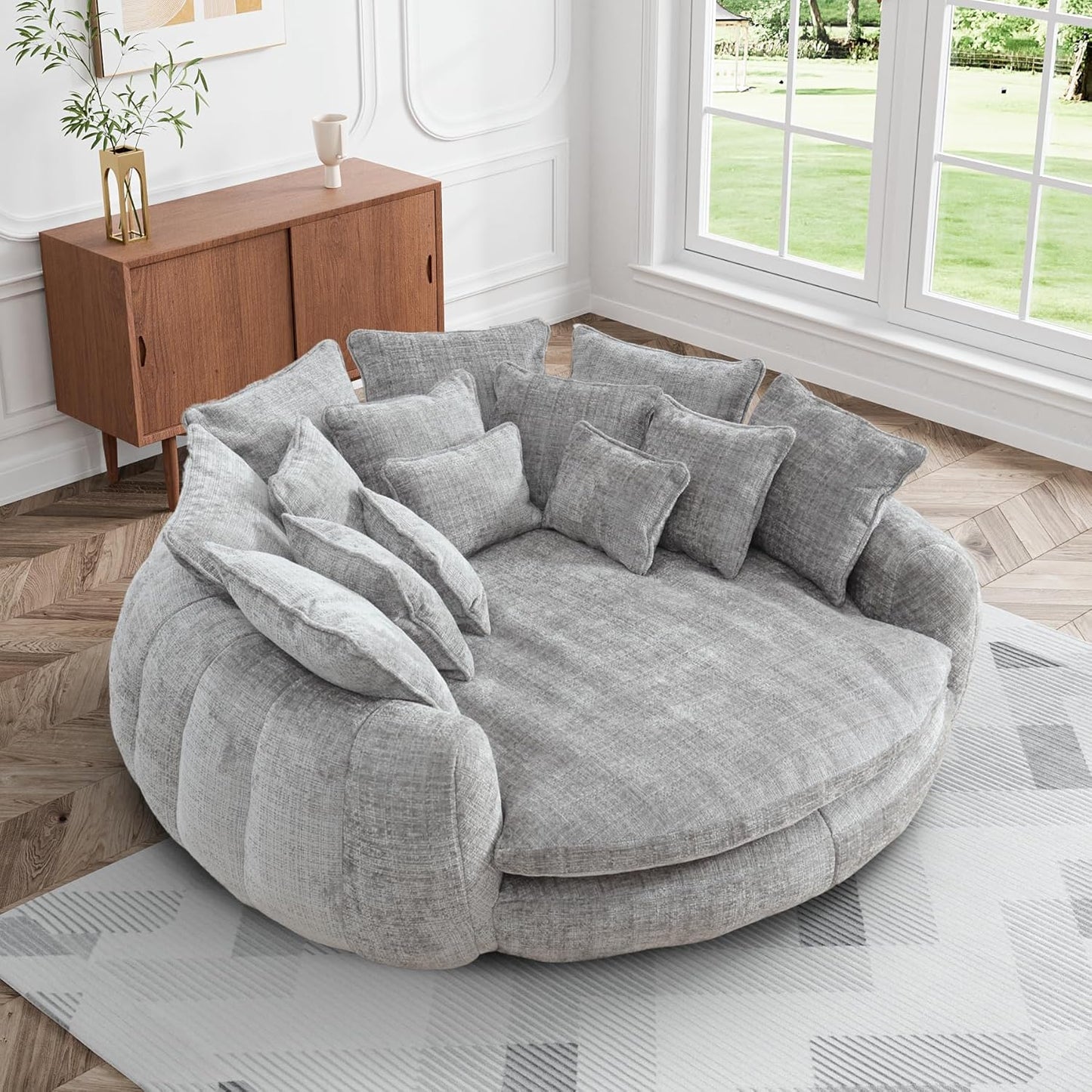 81.1" W Oversized Round Chaise Lounge, Fluffy Lazy Bean Bag Sofa with 14 Pillows, Comfy Chenille Upholstered Barrel Sleeper Bed, Modern Deep Seat Cloud Couch for Living Room, Orange